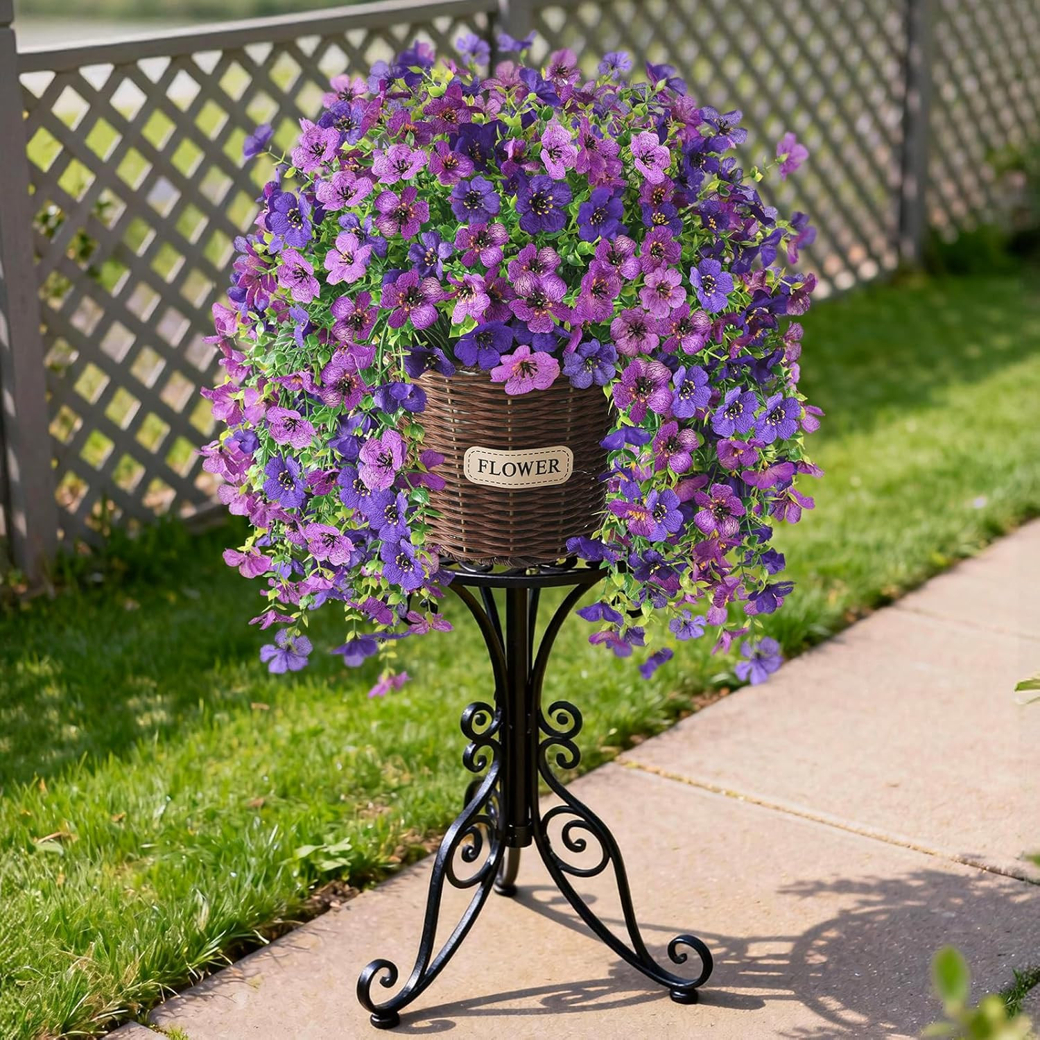 Vibrant Double Purple Artificial Flower Hanging Baskets for Outdoor Decor