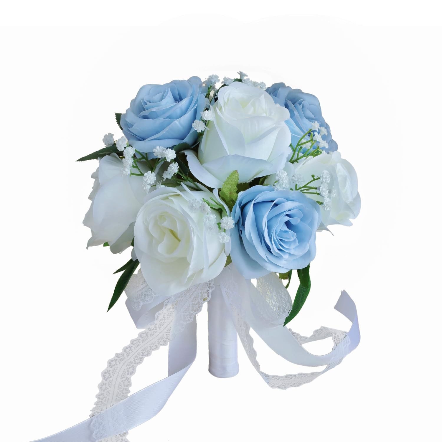 7 Inch Dusty Blue Ivory Baby Breath Artificial Rose Flower Wedding Bouquet