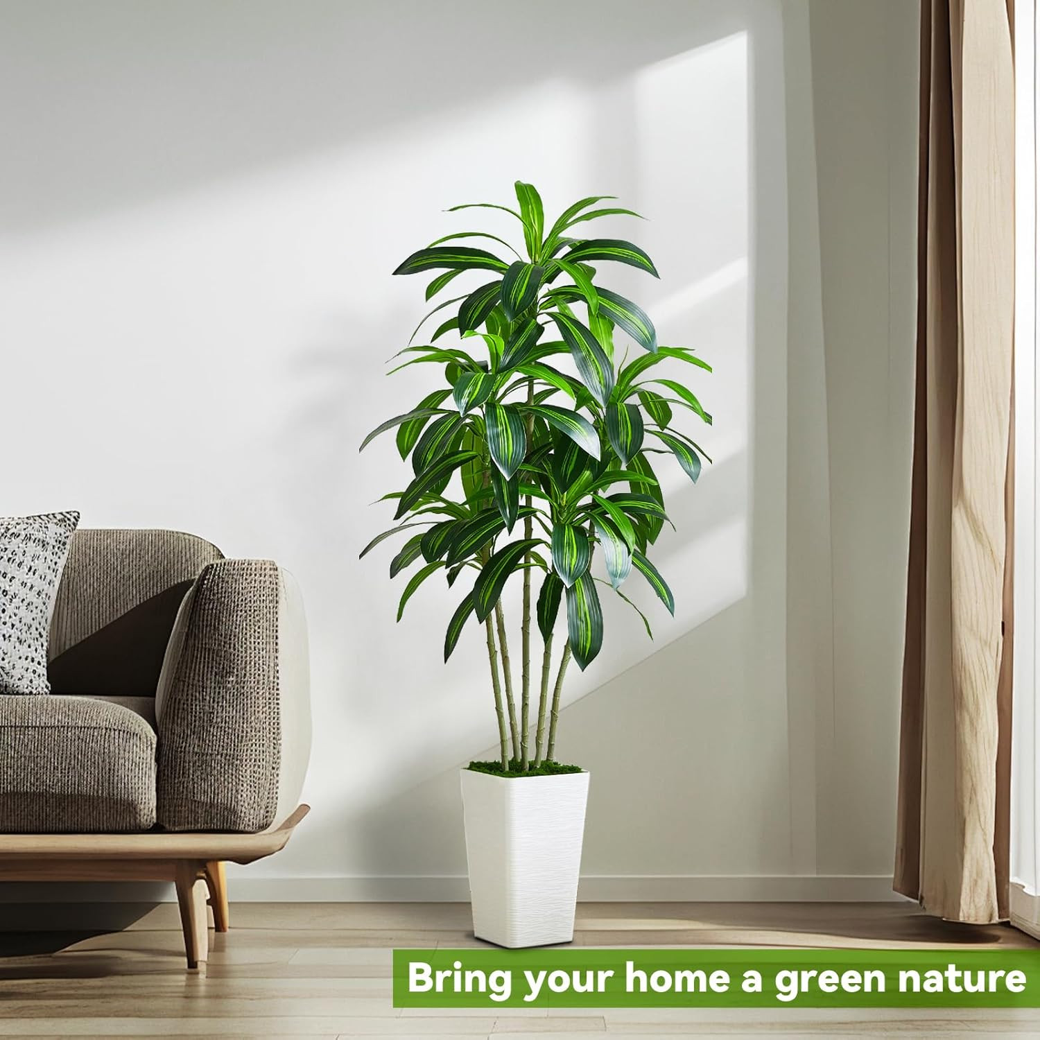 6FT Artificial Dracaena Tree in White Tall Planter – Faux Tropical Yucca Plant