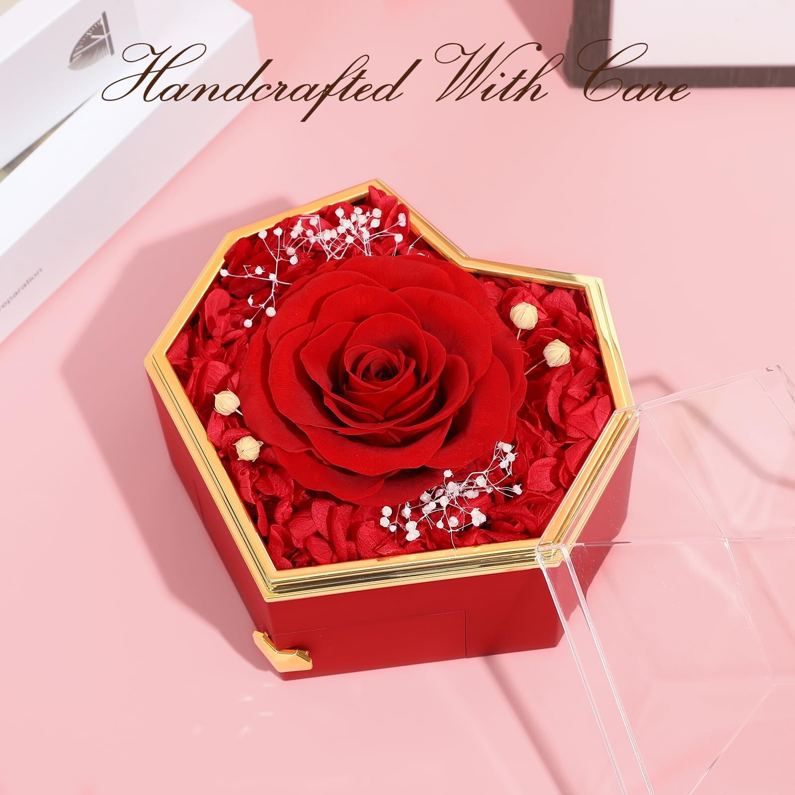 Preserved Red Real Rose with Necklace Forever Flowers Diamond Shaped Box for …