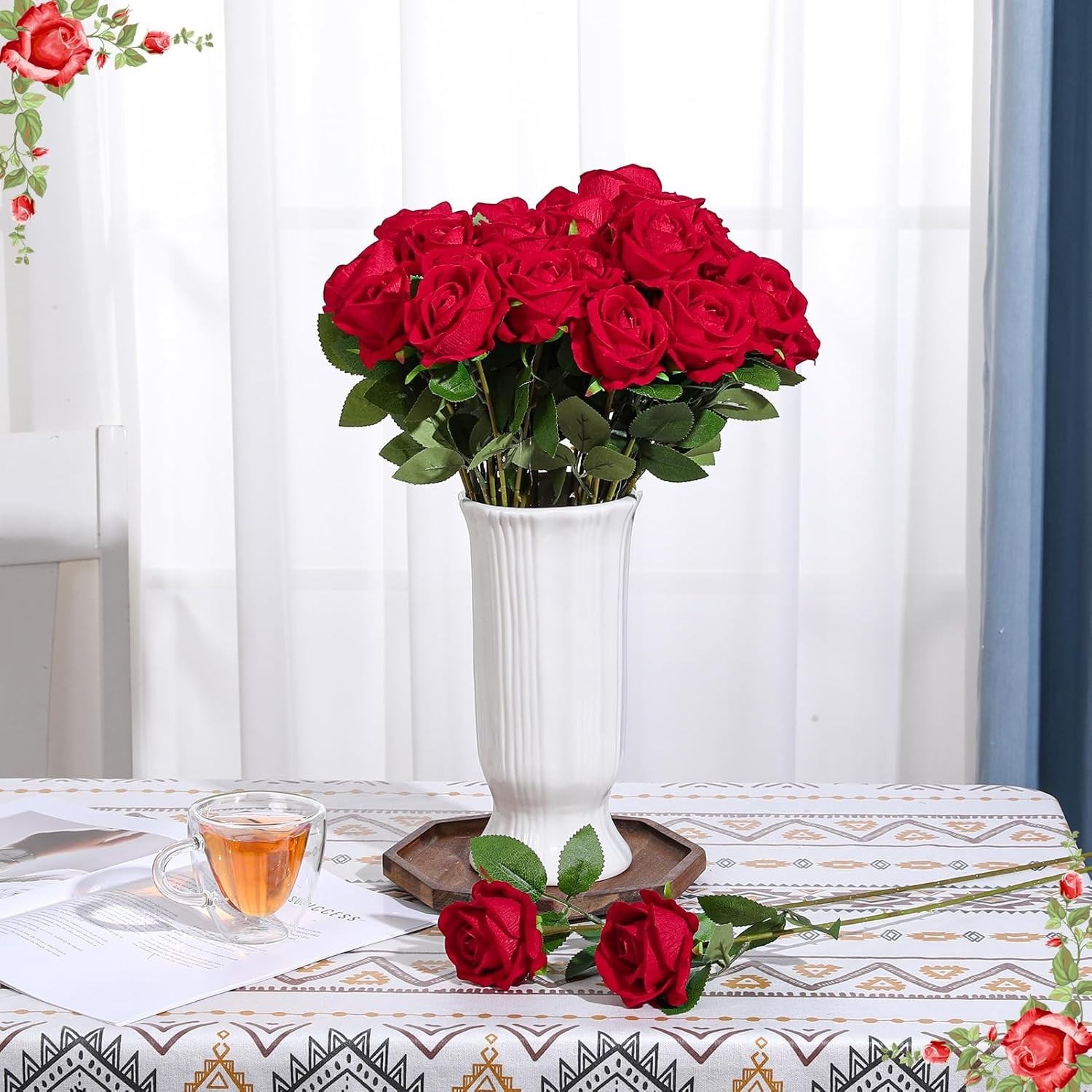 Realistic Red Rose Bouquet 36 Pcs Velvet Silk Flowers for Event Centerpieces