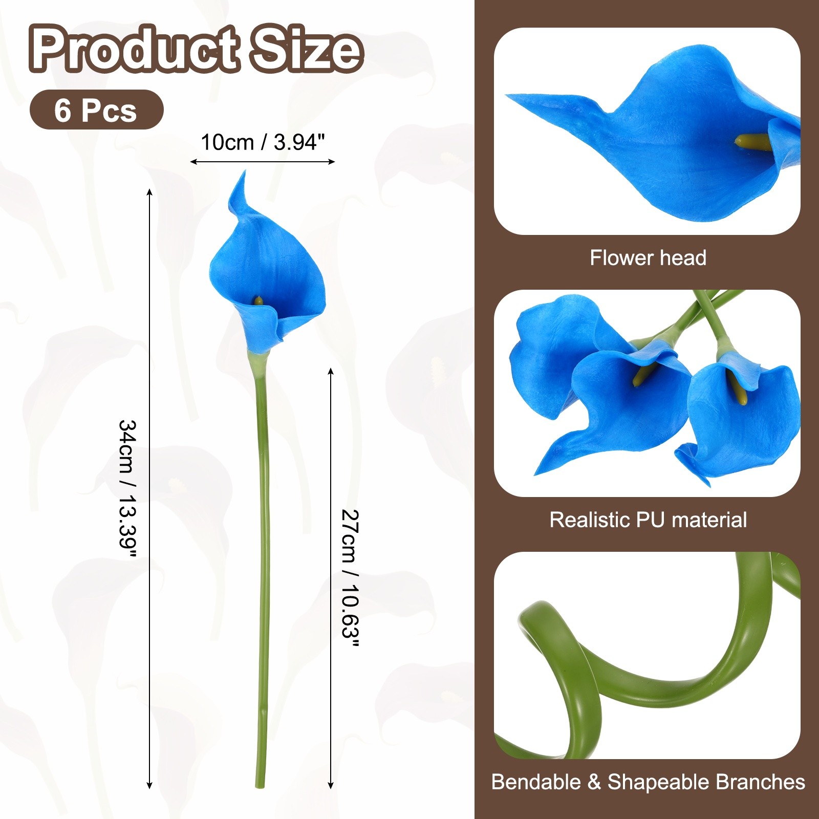 6 Pcs 13 Inch Artificial Calla Lily Fake Flowers Real Touch, Blue/Yellow