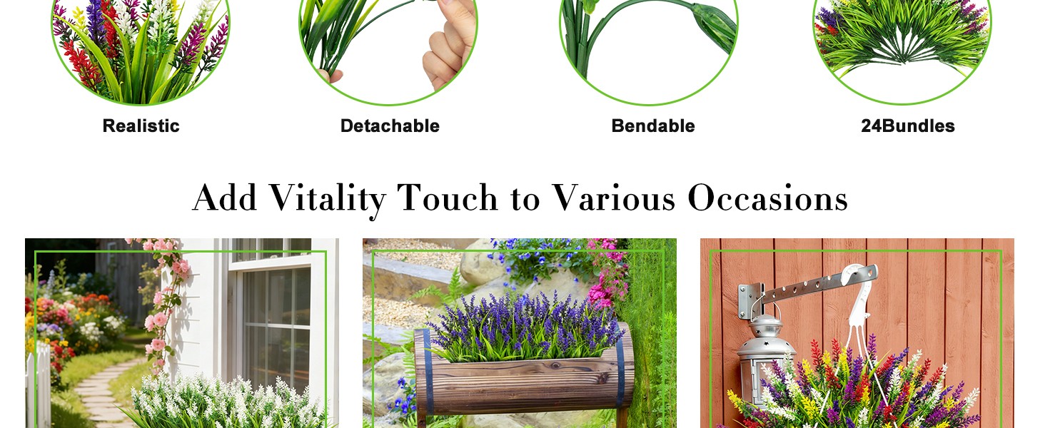 24 Bundles Artificial Flowers for Outdoors Fake Lavender, Mixed | UV resistant,