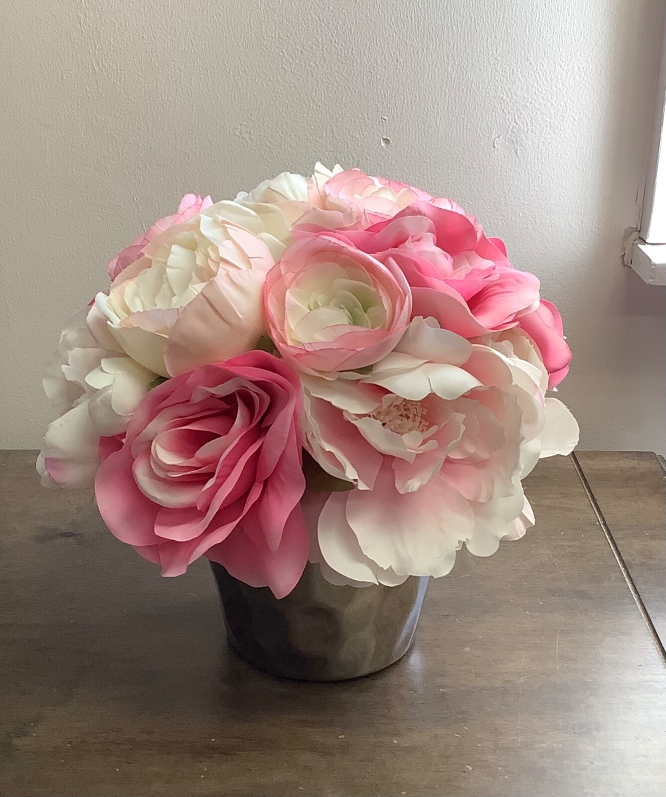 Pink and White Faux Peony Rose Flowers Floral Arrangement in Silver Vase