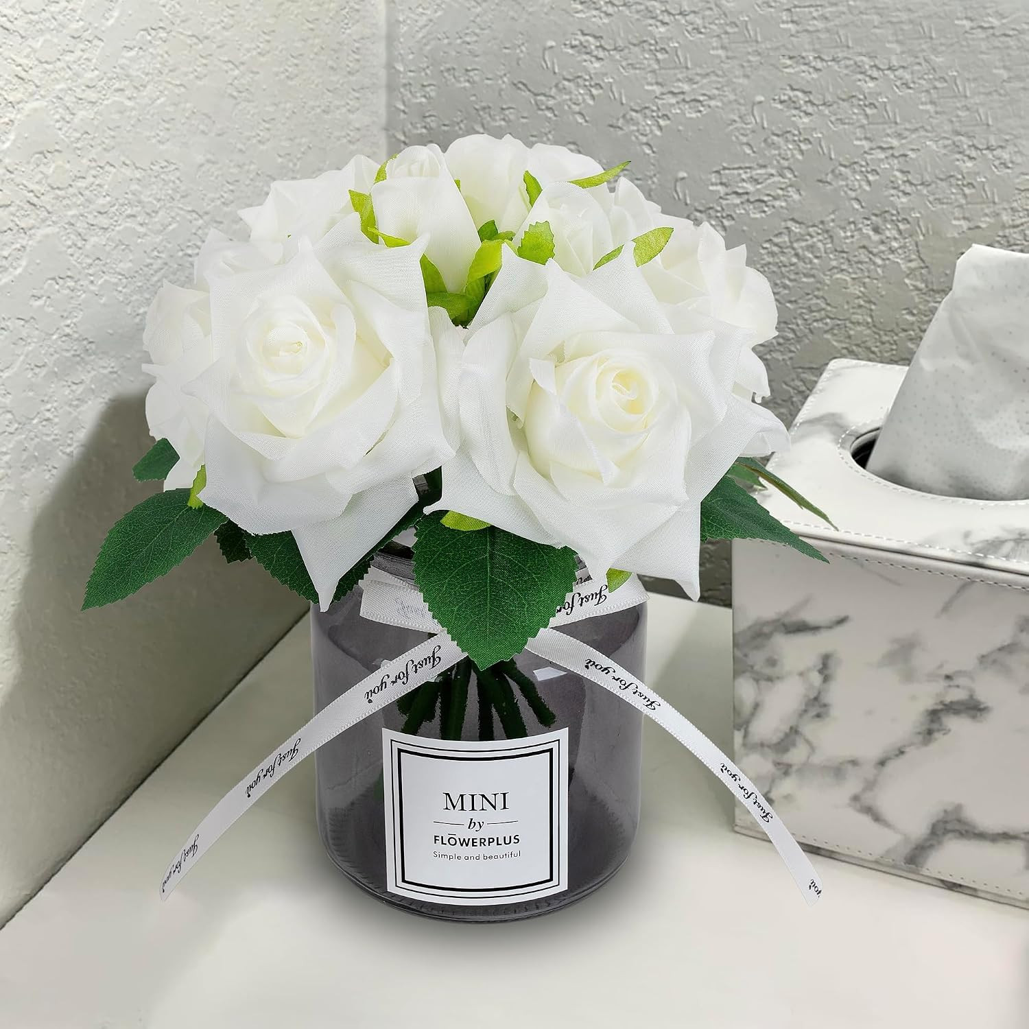 Artificial Flower and Glass Vase, Silk Rose Flower Glass Bottle Set, Suitable fo