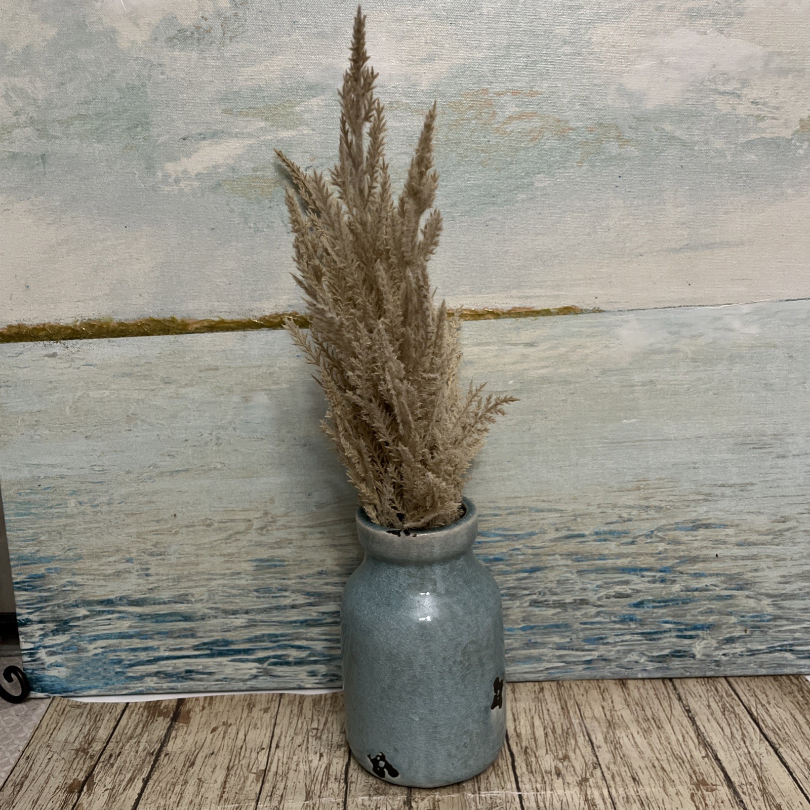 Blue Vase Distressed With Artificial Pampas Grass Arrangement Beige Coastal