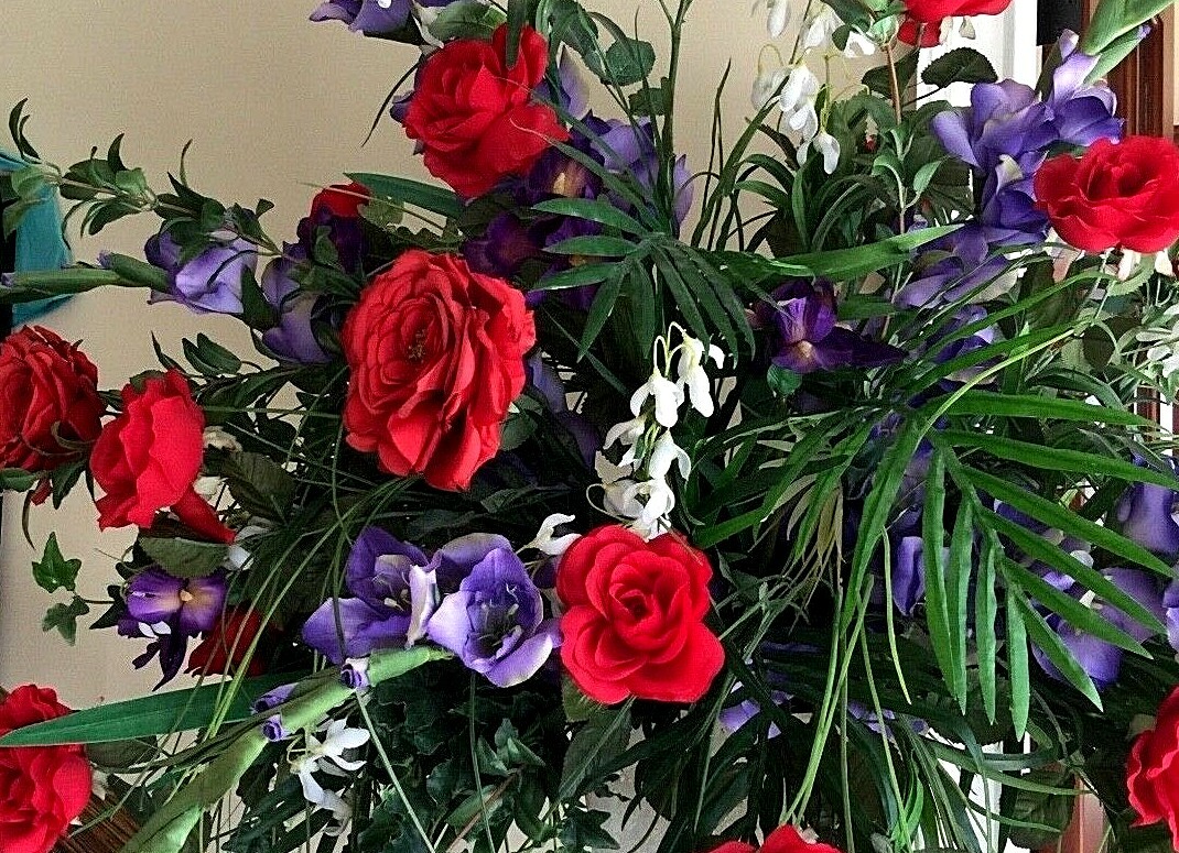 Large Silk Flower Centerpiece – Red Roses, Iris, Green Leaves – 37″x 33″