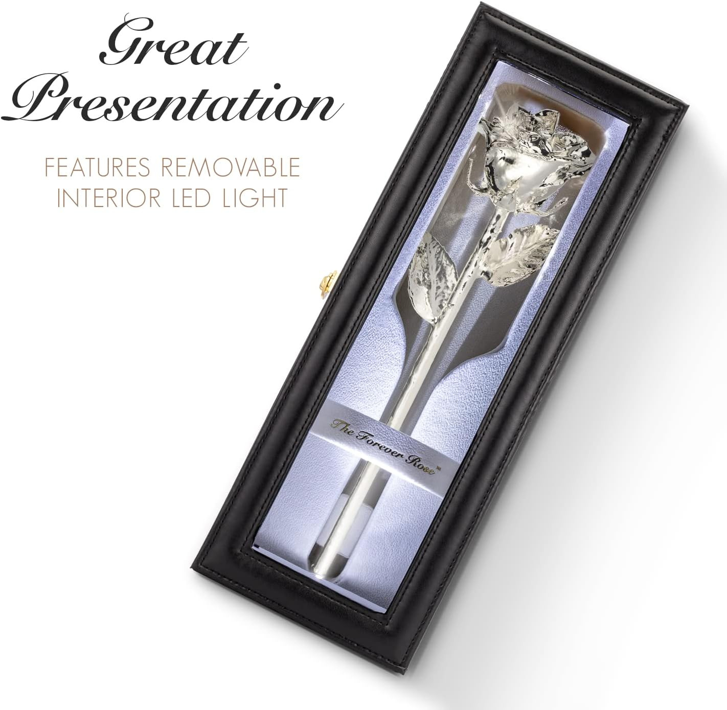 Genuine Hand-Dipped Silver Rose in Luxury Leather Case with LED Lights