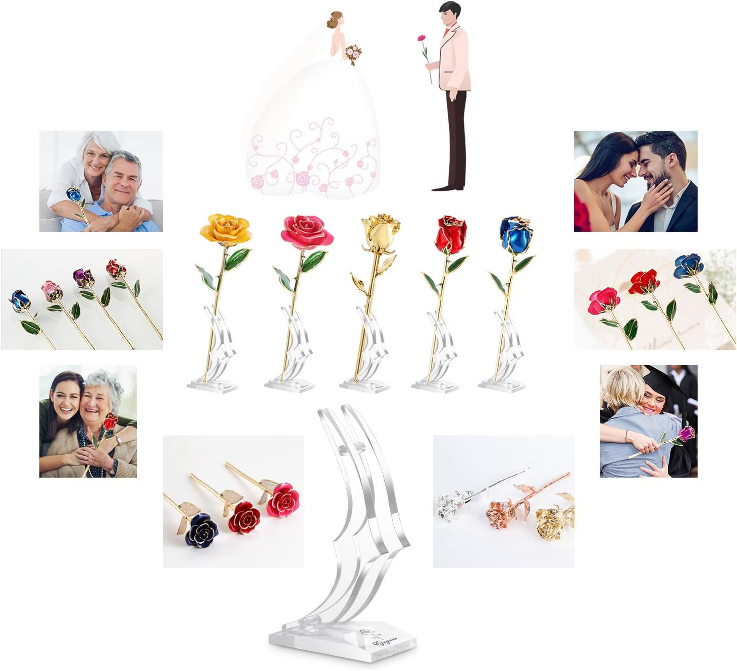Gold Rose Display Stand, Acrylic Rose Holder for 24K Gold Dipped Rose, Plastic S
