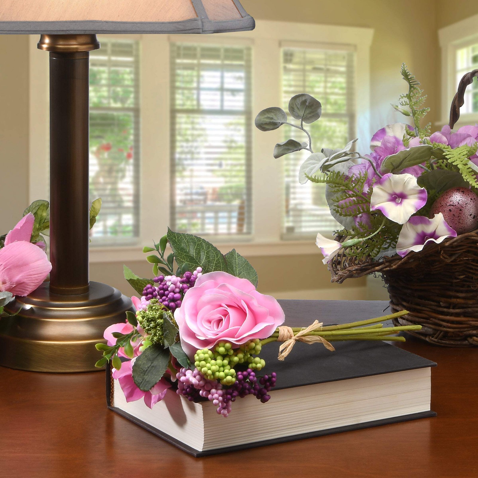 12 in. Spring Floral Bouquet with Pink Rose Blooms, Multicolor Berry Clusters