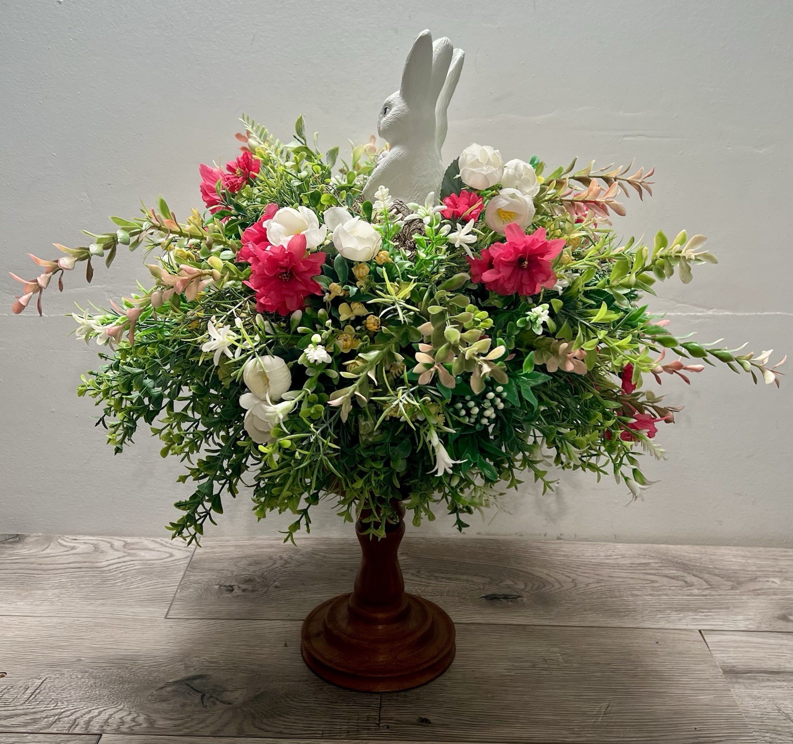 Spring Easter Candle Stick Floral Arrangement Greenery Flowers Rabbit