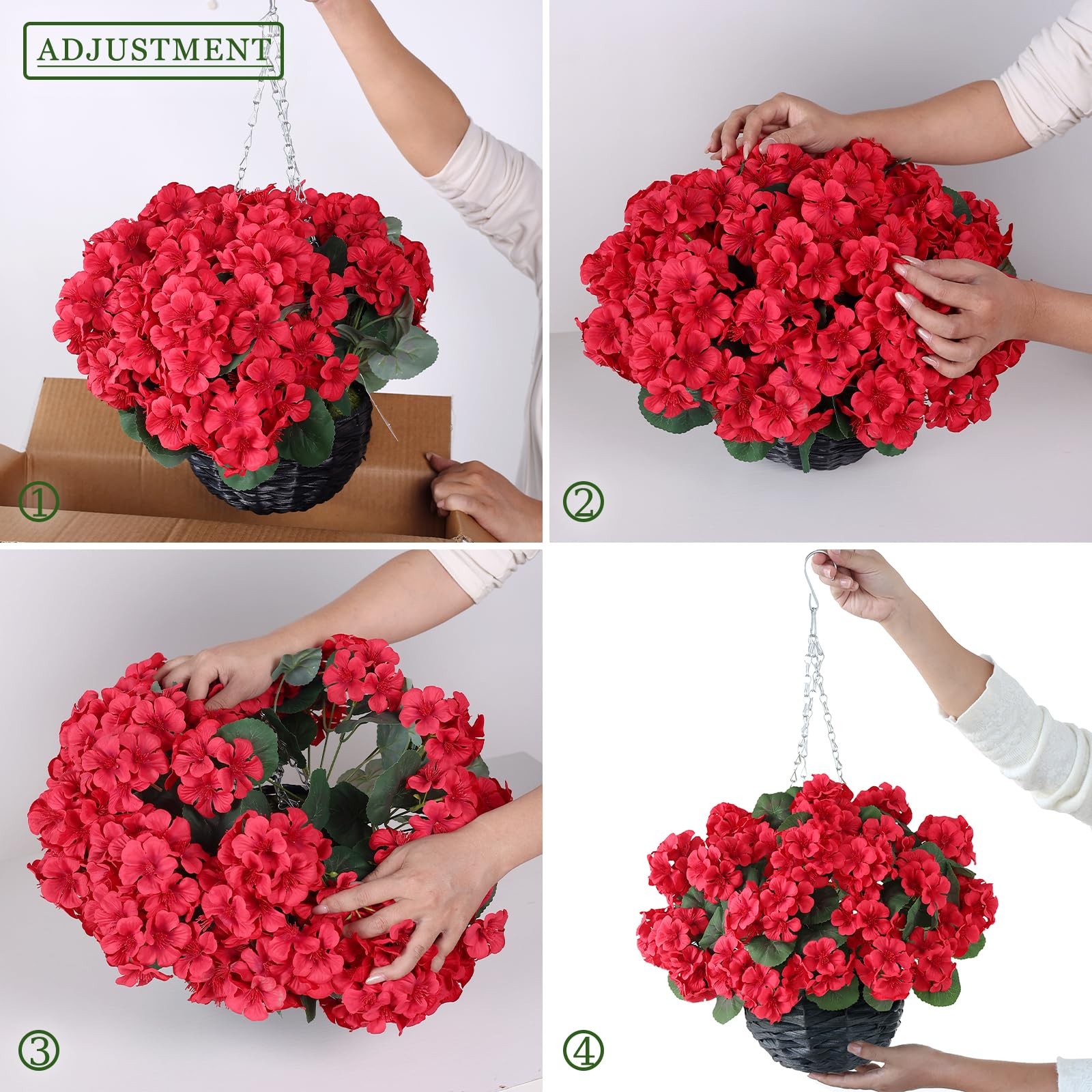 2 Set Artificial Geraniums Flowers with Hanging Baskets for Outdoors – Sun Re…