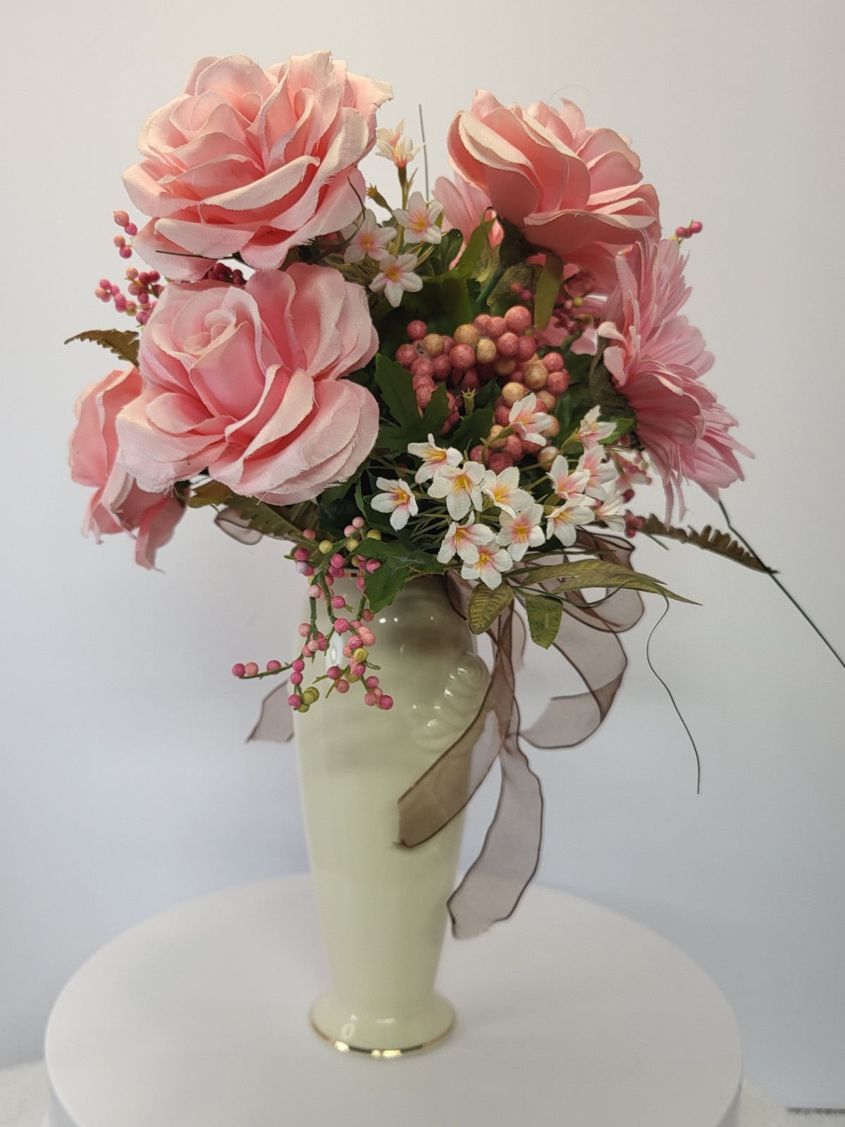 Artificial Pink Bouquet with Gerbera Daisies Roses Filler Berries Wrapped Stem