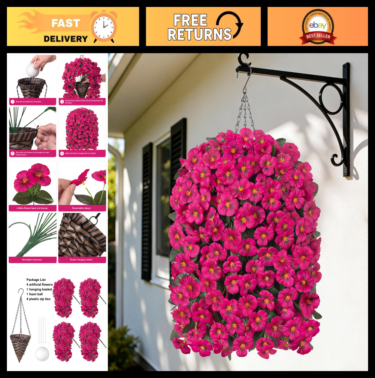 4pcs UV Resistant Artificial Pansy Flowers in Hanging Basket – Silk Faux Spring