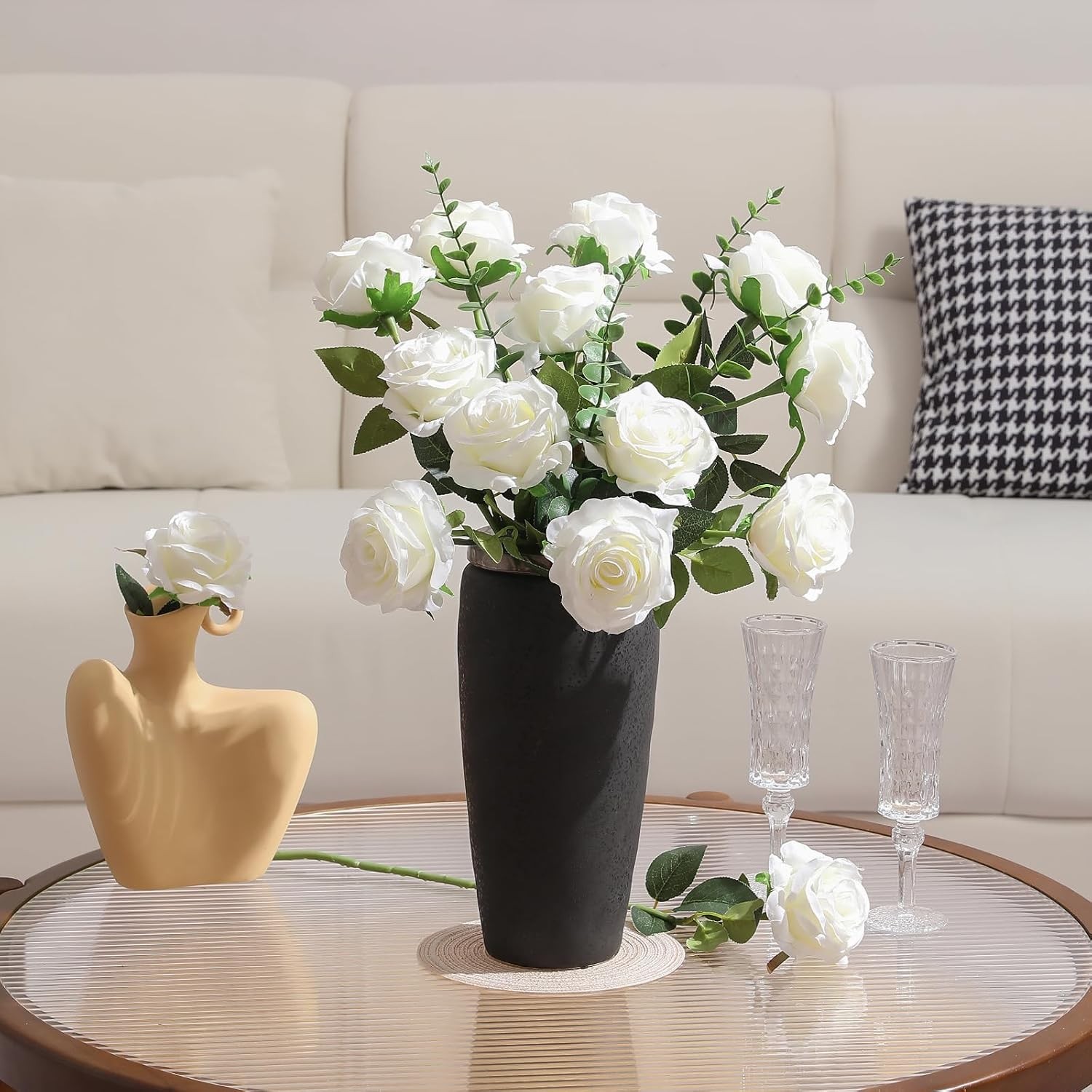 12 Pcs White Roses Long Stem, Artificial Silk Bouquet Wedding DIY