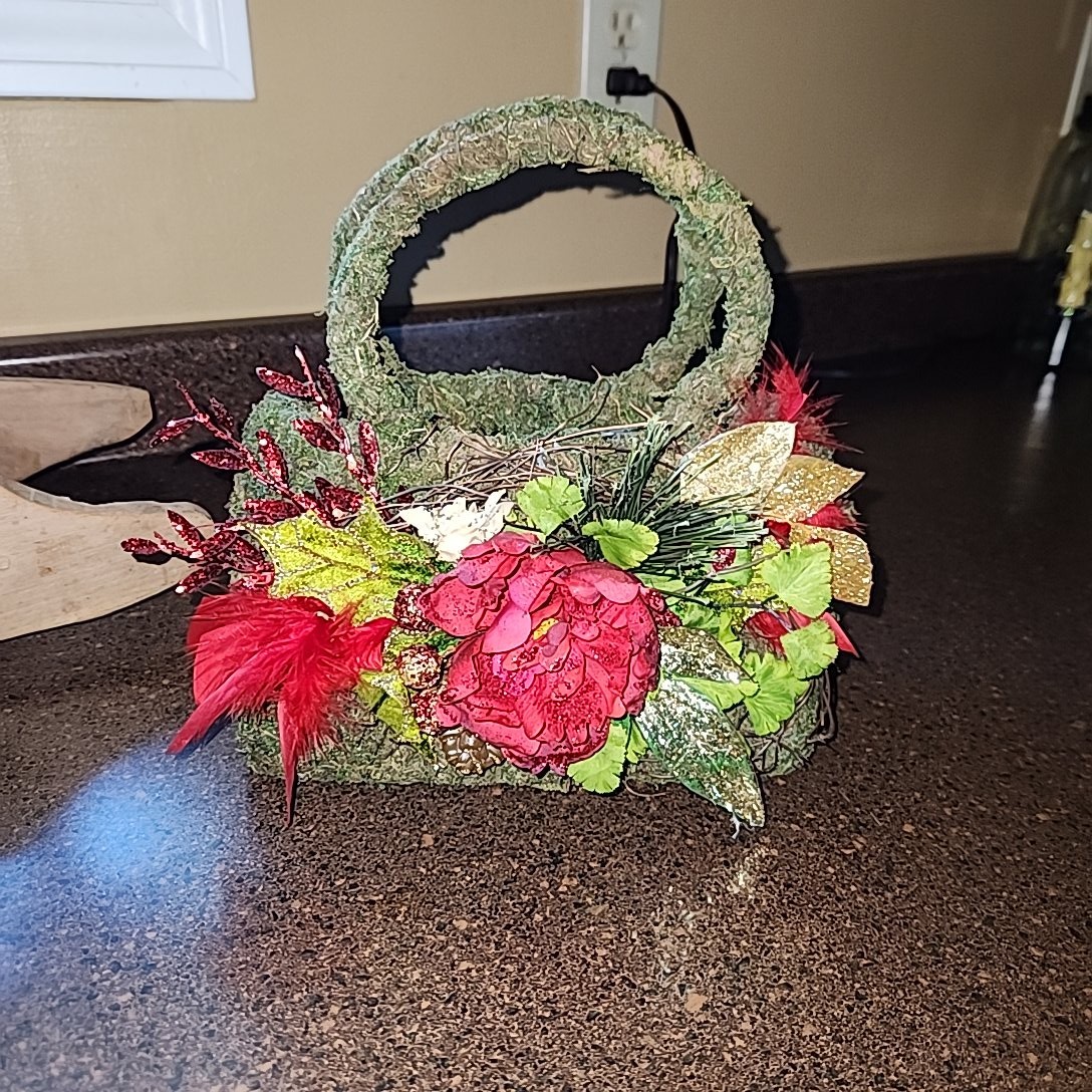 Moss Purse Basket display red floral display piece