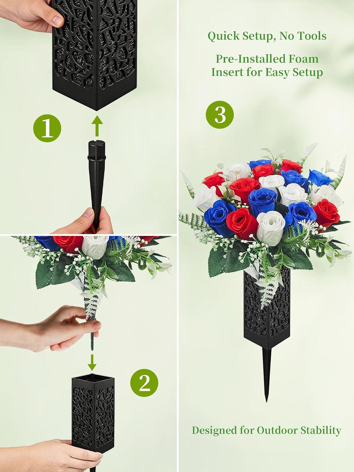 2 Pack Cemetery Grave Flowers Spiked Vases Artificial Rose Memorial Decor