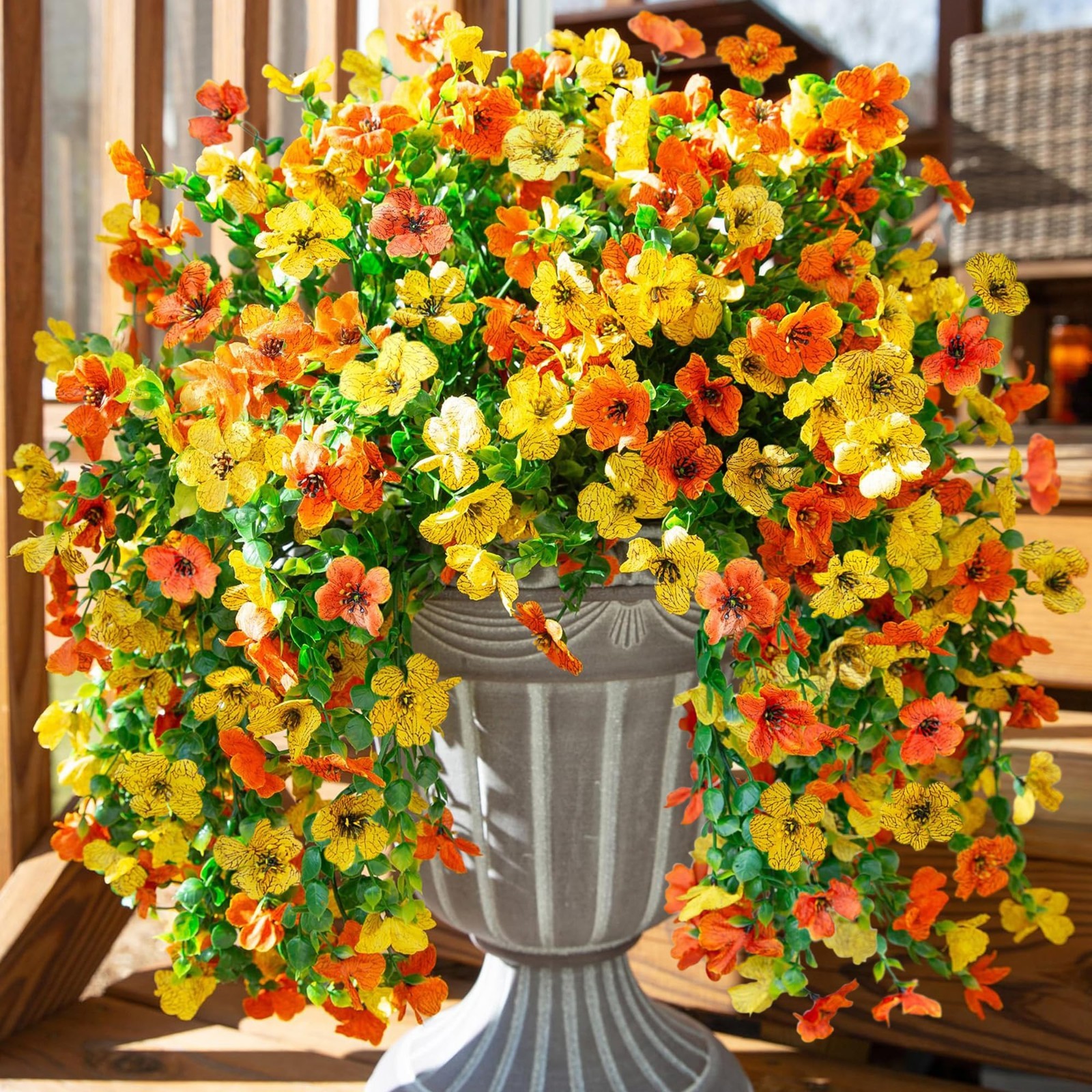 2Pcs UV Resistant Artificial Flowers – Silk Mums & Eucalyptus Hanging Plants Dec