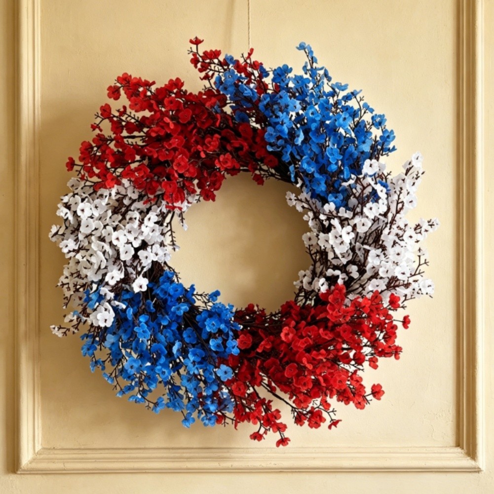 July 4th Silk Wreath Featuring Gypsophila for Wall or Door Hanging Use