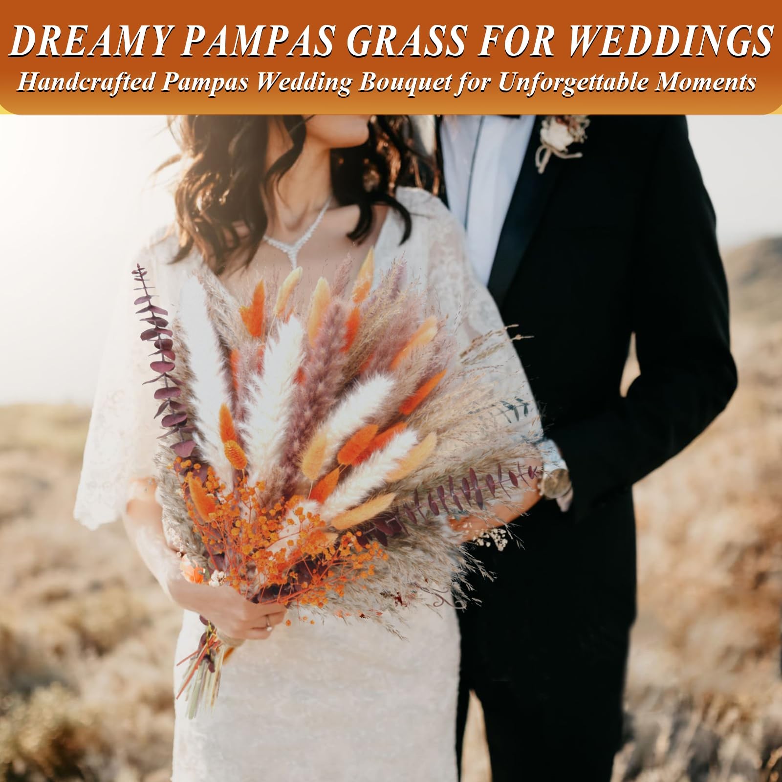 120Pcs Orange Dried Pampas Grass Bouquet, 17” Natural Baby’s Breath, Bunny T…