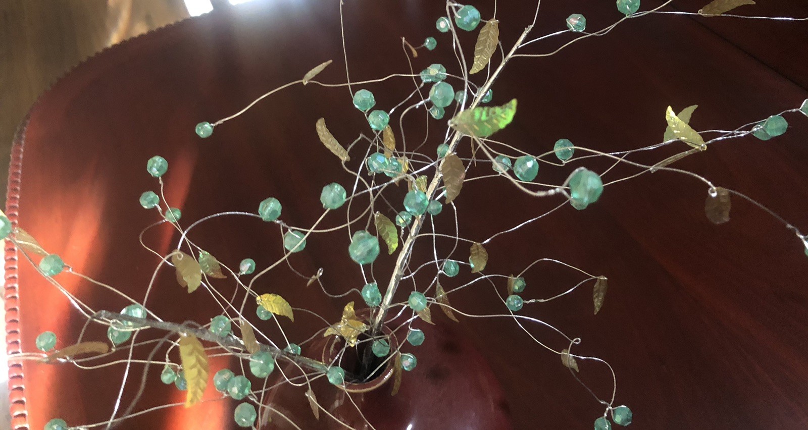 Set of 2 UNIQUE AQUA BEADED IRIDESCENT LEAVES WIRED SPRAY STEM VASE DECORATION