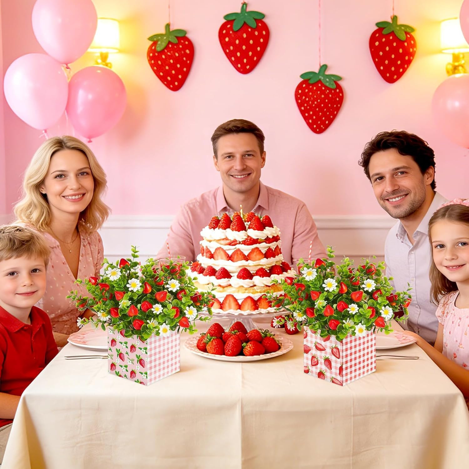 Summer Strawberry Centerpiece Decor – 4 Sets of Artificial Plants & Box