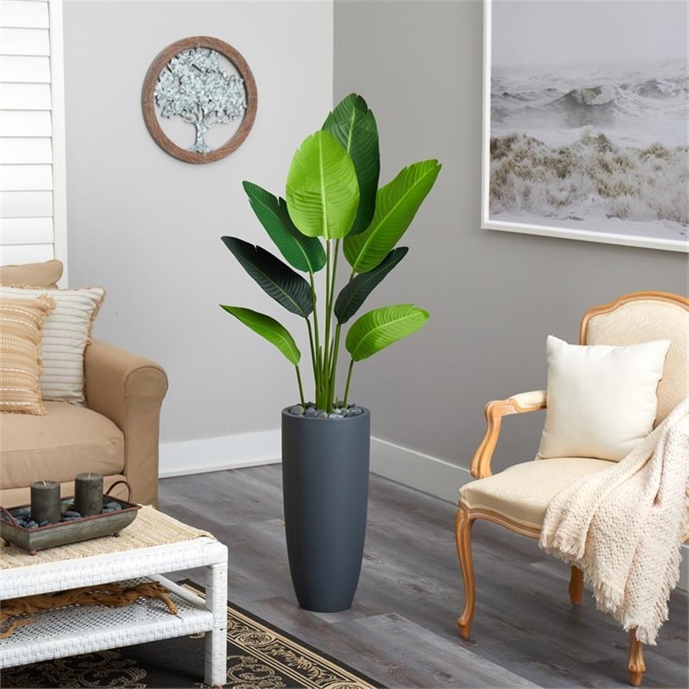 Pemberly Row 66″ Travelers Palm Artificial Tree in Gray Planter in Green/Gray