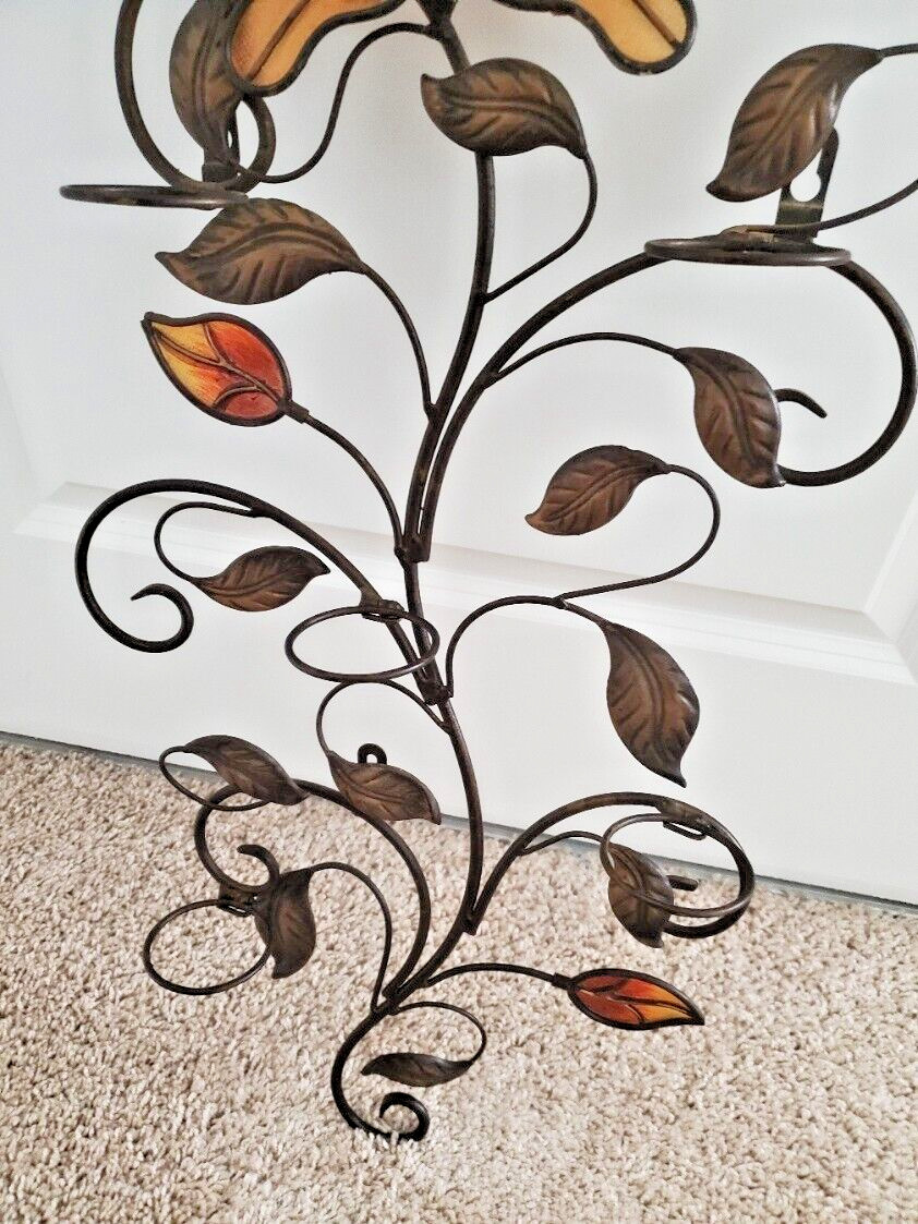 31″ Stained Glass Wall Sconce Tea Light Holder Bronze color Metal