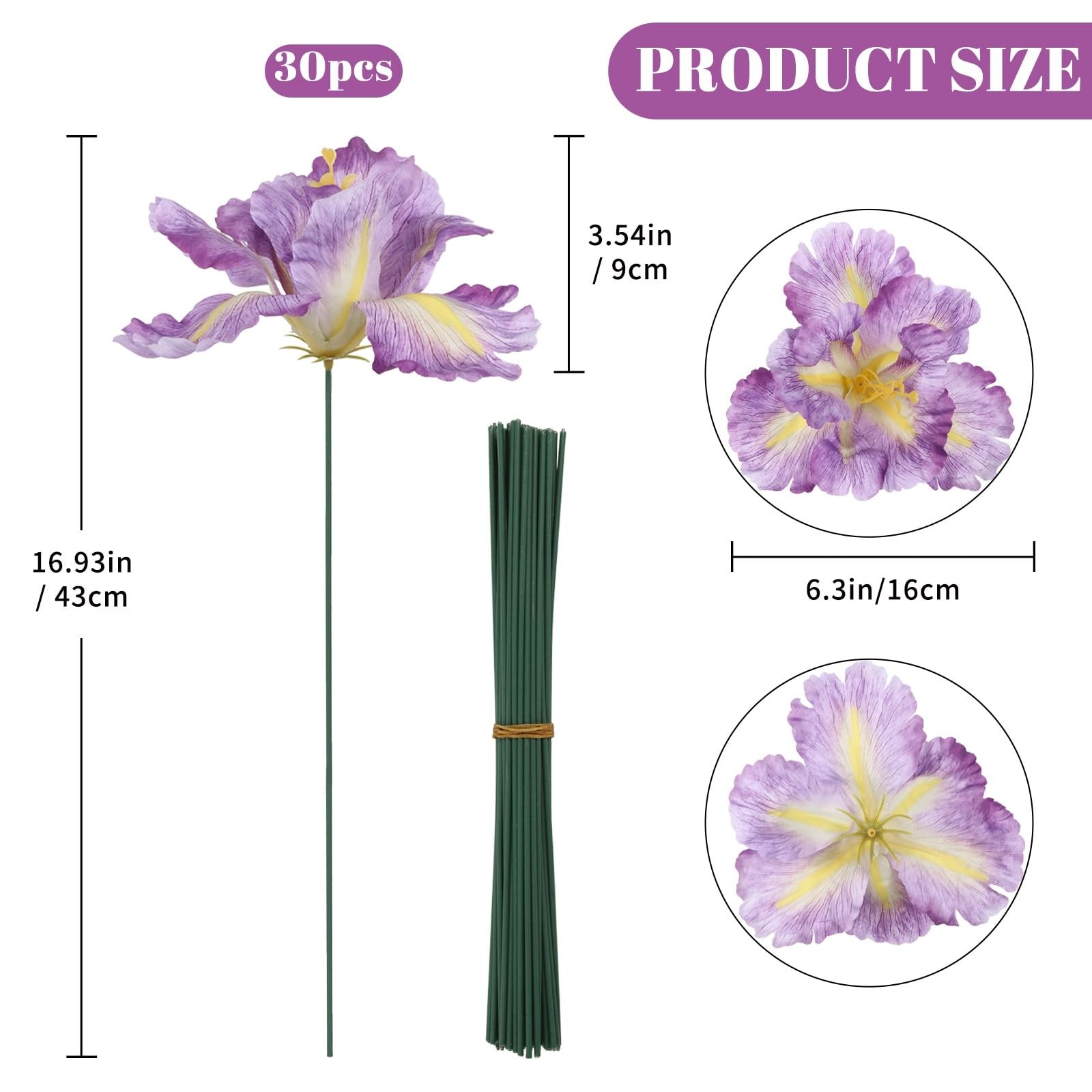 Purple Flowers Artificial Iris Heads 30Pcs Fake Silk Flowers 6.3″ Iris Flower…