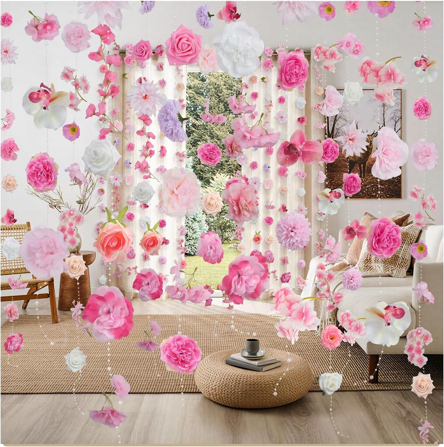 Pink Flower Garland 12PCS 96FT Artificial Hanging Vines for