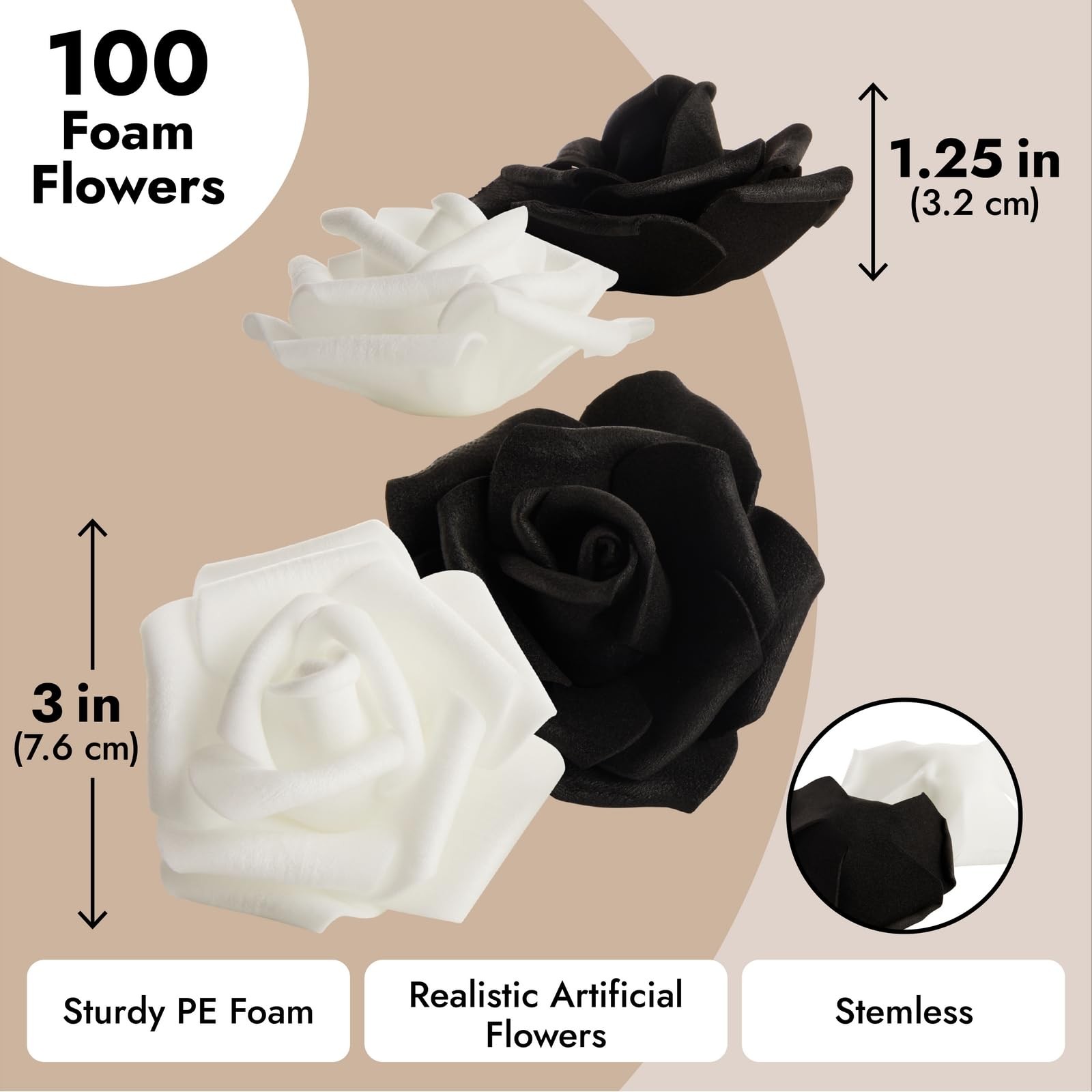 Black & White Roses Stemless Foam Rose Heads – 100 Pack, 3 in Polyethylene Cr…