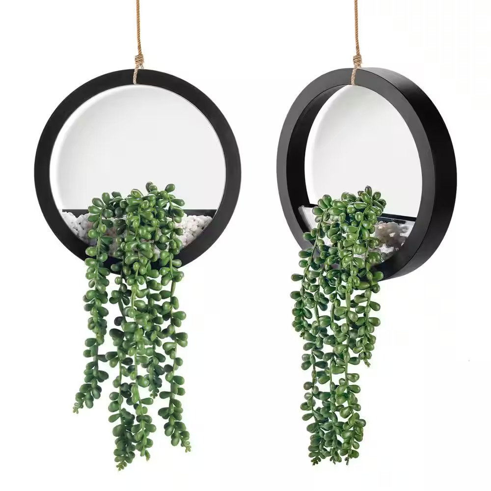 15.3 In. Green Fake Plants Hanging Artificial Succulents Plants in Black Pots, 2
