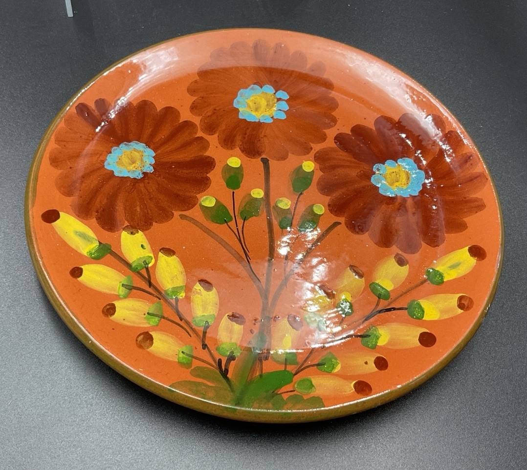Hand Painted Terracotta Decorative Plate 7” Folk Art Floral Wall Plate Signed RX
