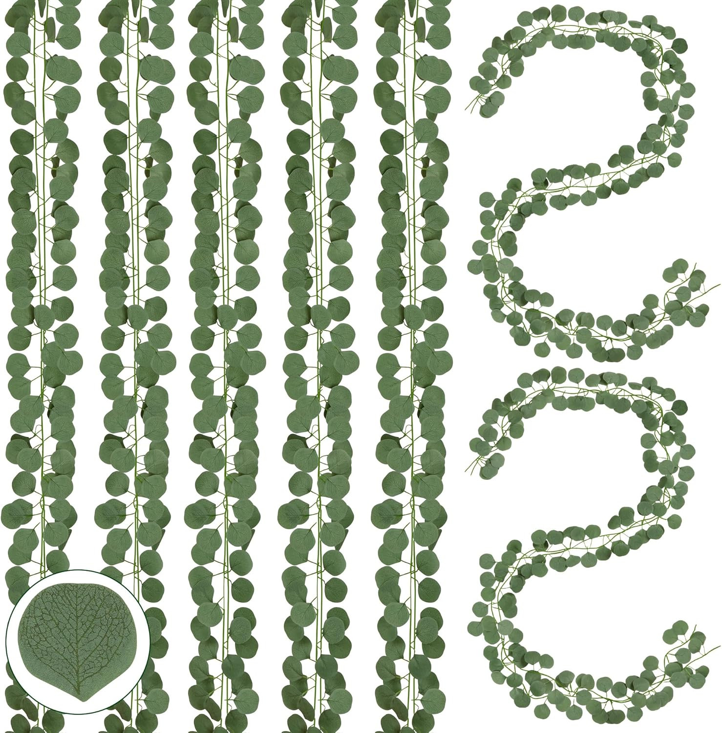 8Pcs Artificial Eucalyptus Garland Greenery Leaves Silk Vines Silver Dollar Leav