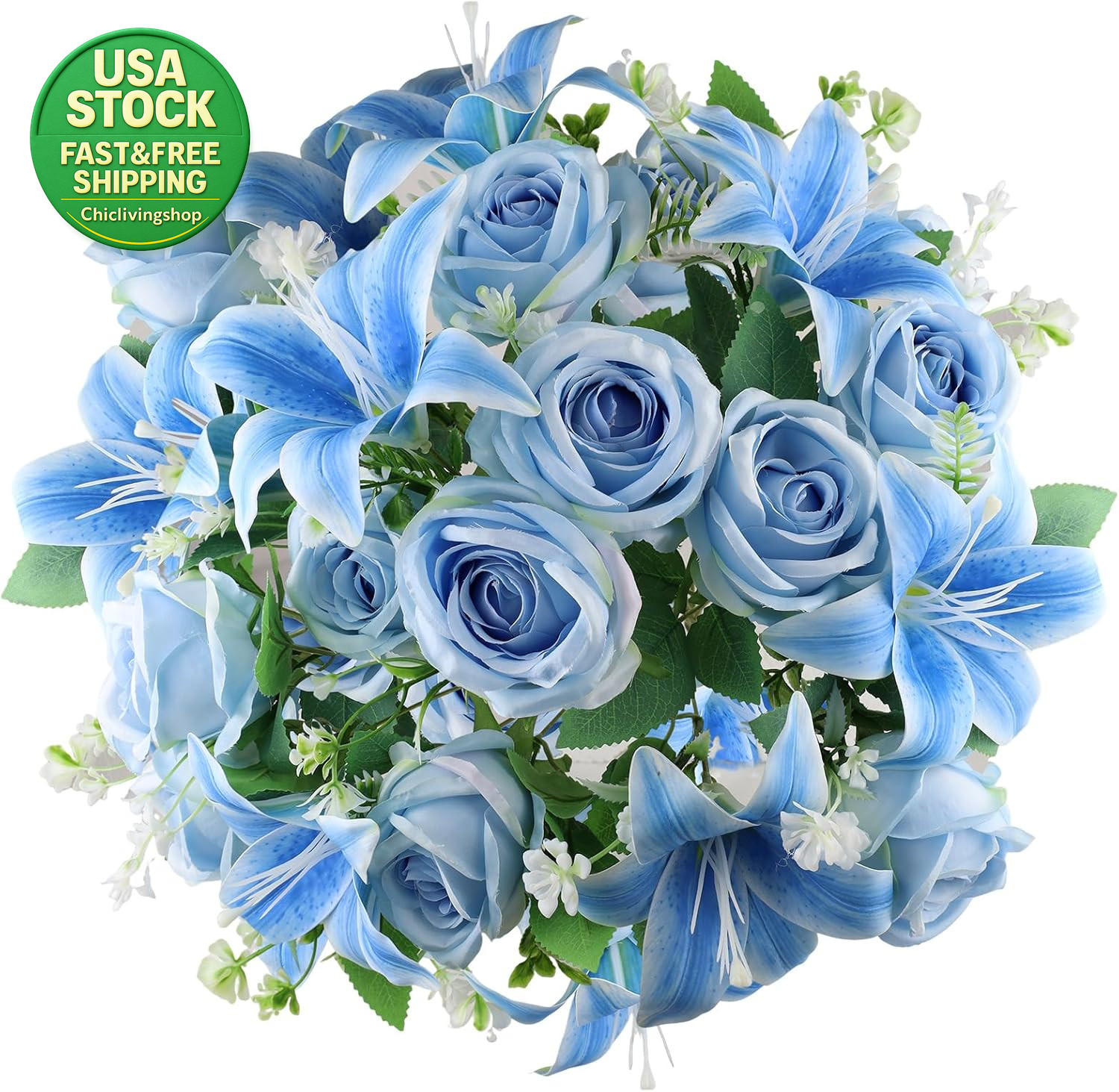 Artificial Cemetery Flowers 2 Set Lilies Roses Mixed Blue Silk with Vases