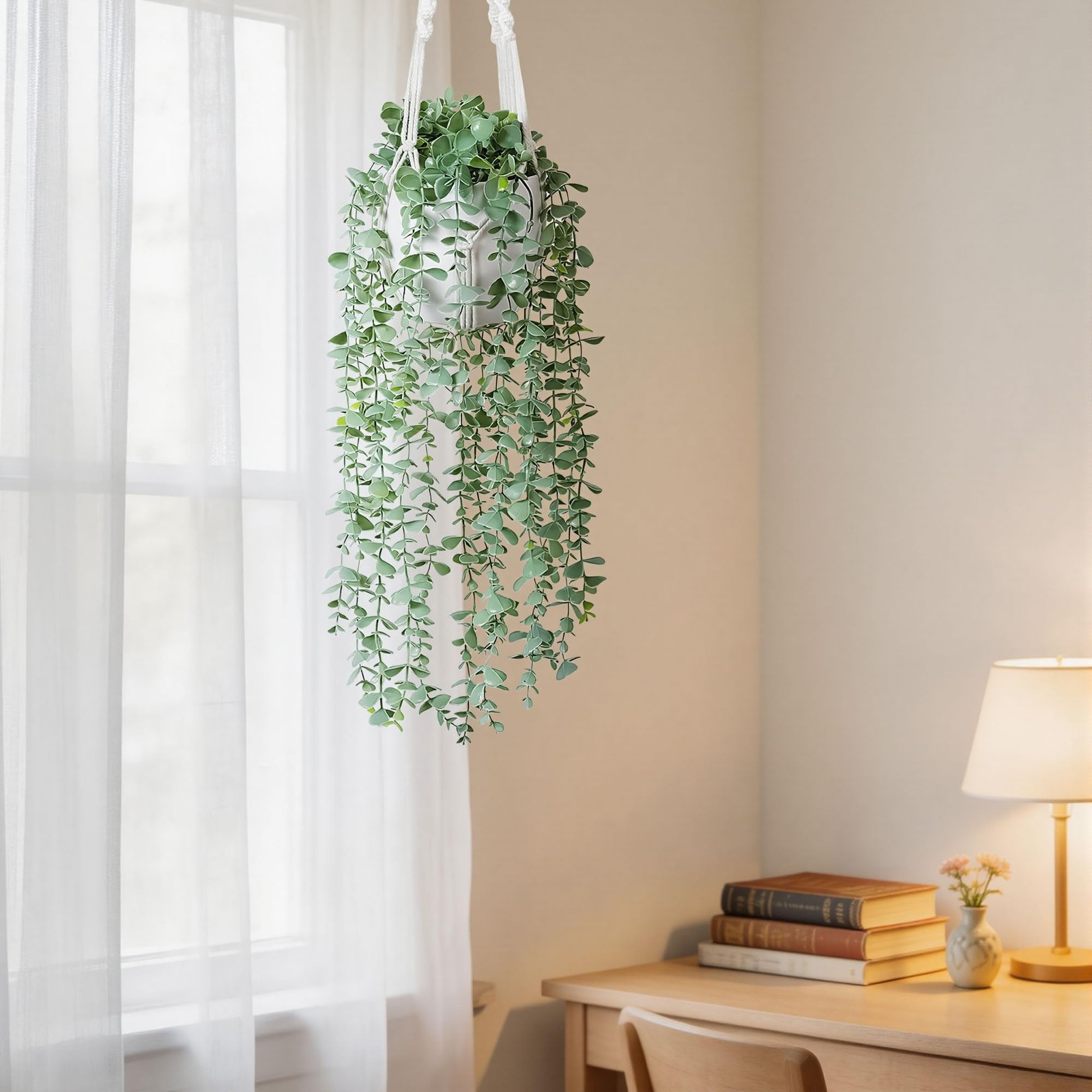 2 Packs Fake Hanging Plants with Pots, Artificial Eucalyptus Hanging Plants w…