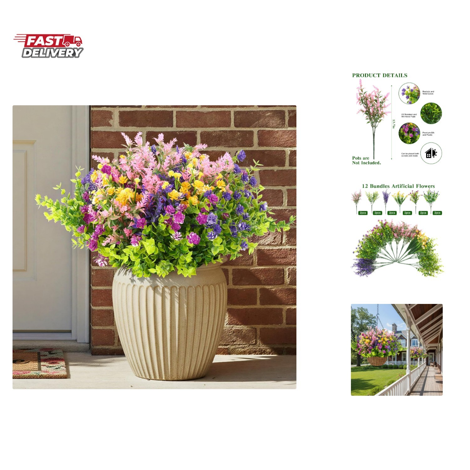 12 Bundles Artificial Flowers for Outdoor Indoor, Fake Multiple Color Flowers…