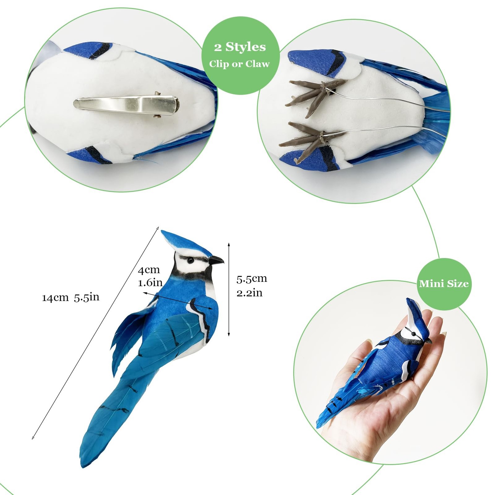 6PCS Clip On Artificial Birds Realistic Blue Jay 5.5Inch Foam Feather Bird fo…