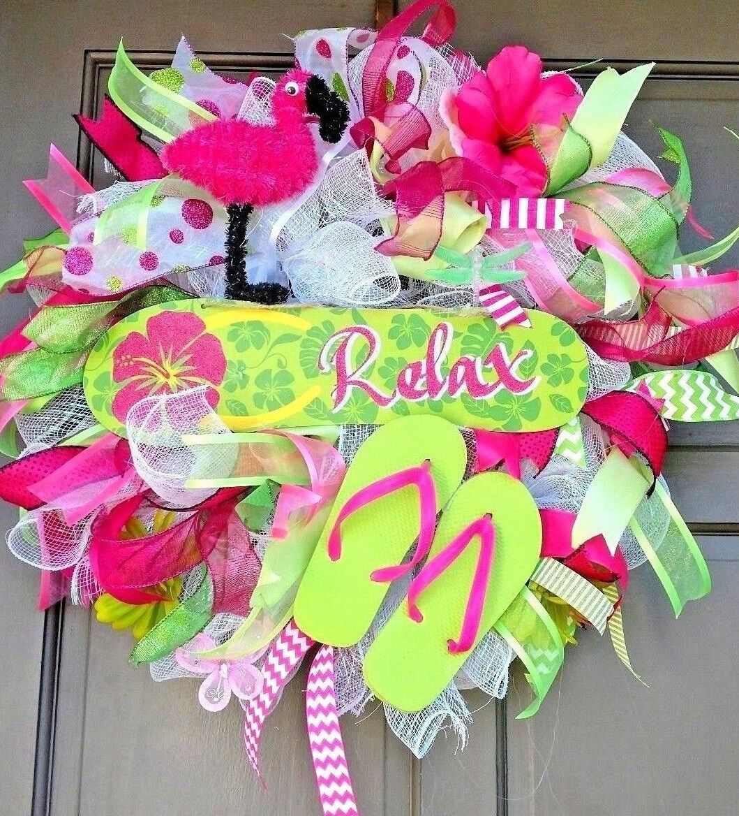 Spring Summer Flip Flop Front Door Wreath Large 24″ Floral Front Door Decor