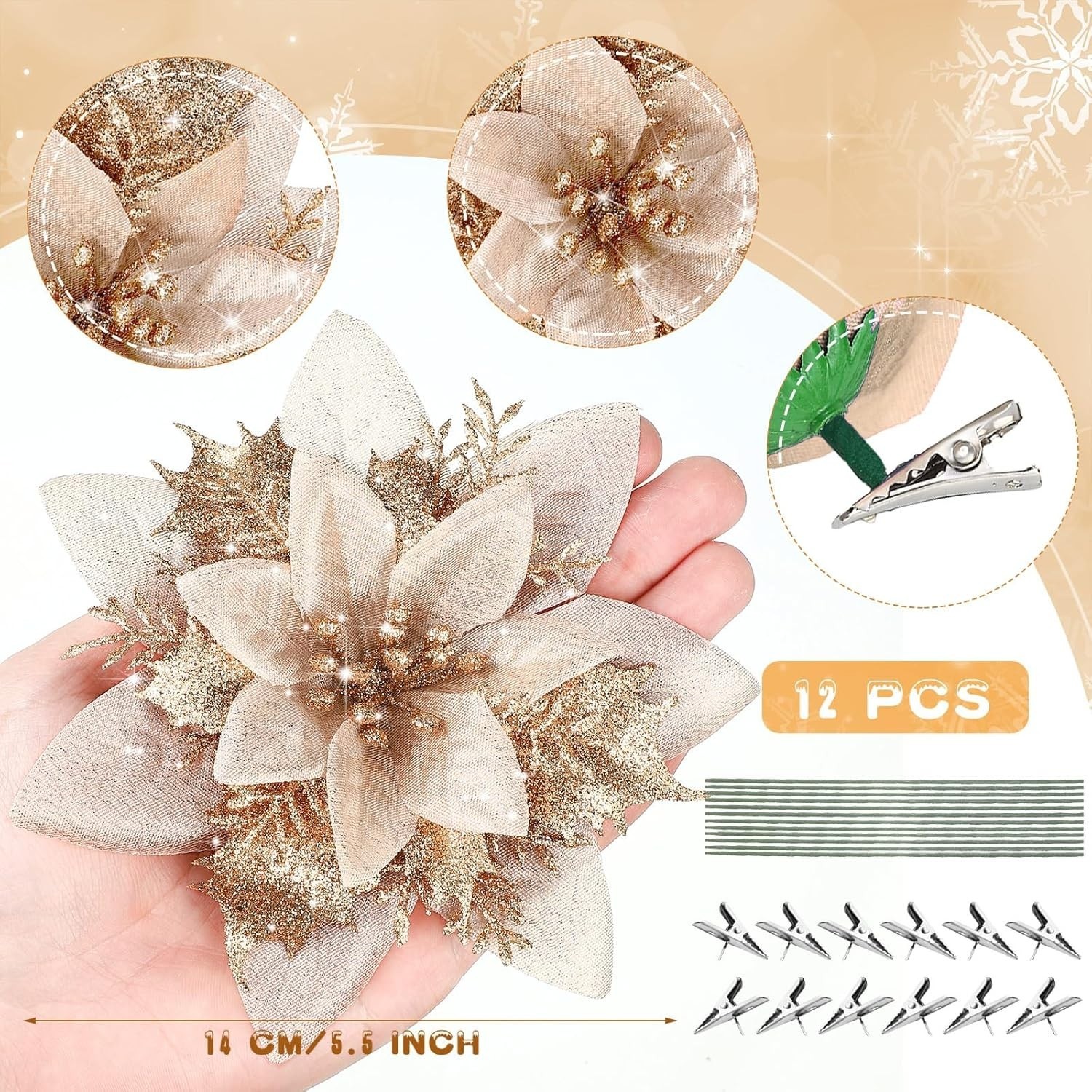 36 Flores De Nochebuena Artificiales Decorativas Con Clips, Oro Champán NEW US.
