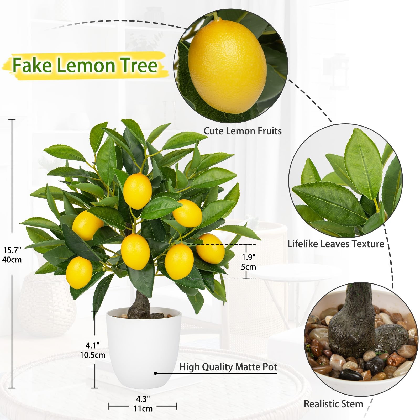 15.7 Inch Artificial Potted Plant Fake Lemon Citrus Tree White Pot Indoor