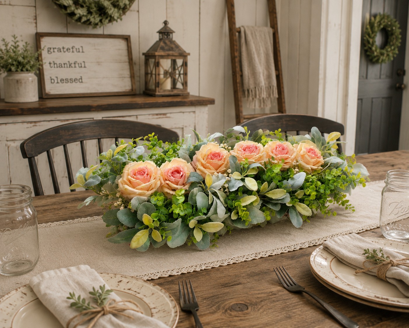 Artificial Peach Rose Centerpiece Arrangement w/ Eucalyptus & Boxwood, 28 in