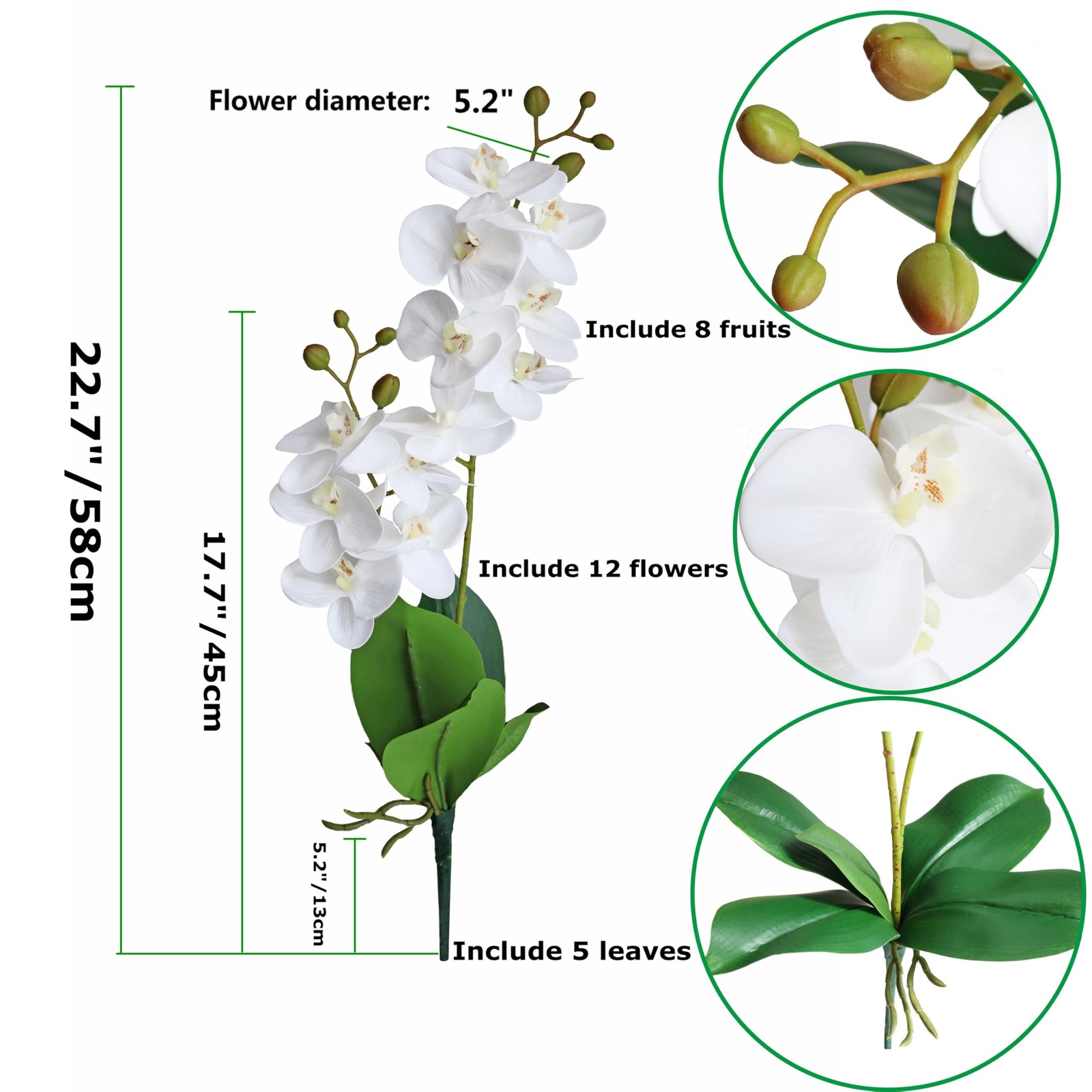 2 Branches Artificial White Phaleanopsis Flowers Faux Orchids Stems Leaves Pl…
