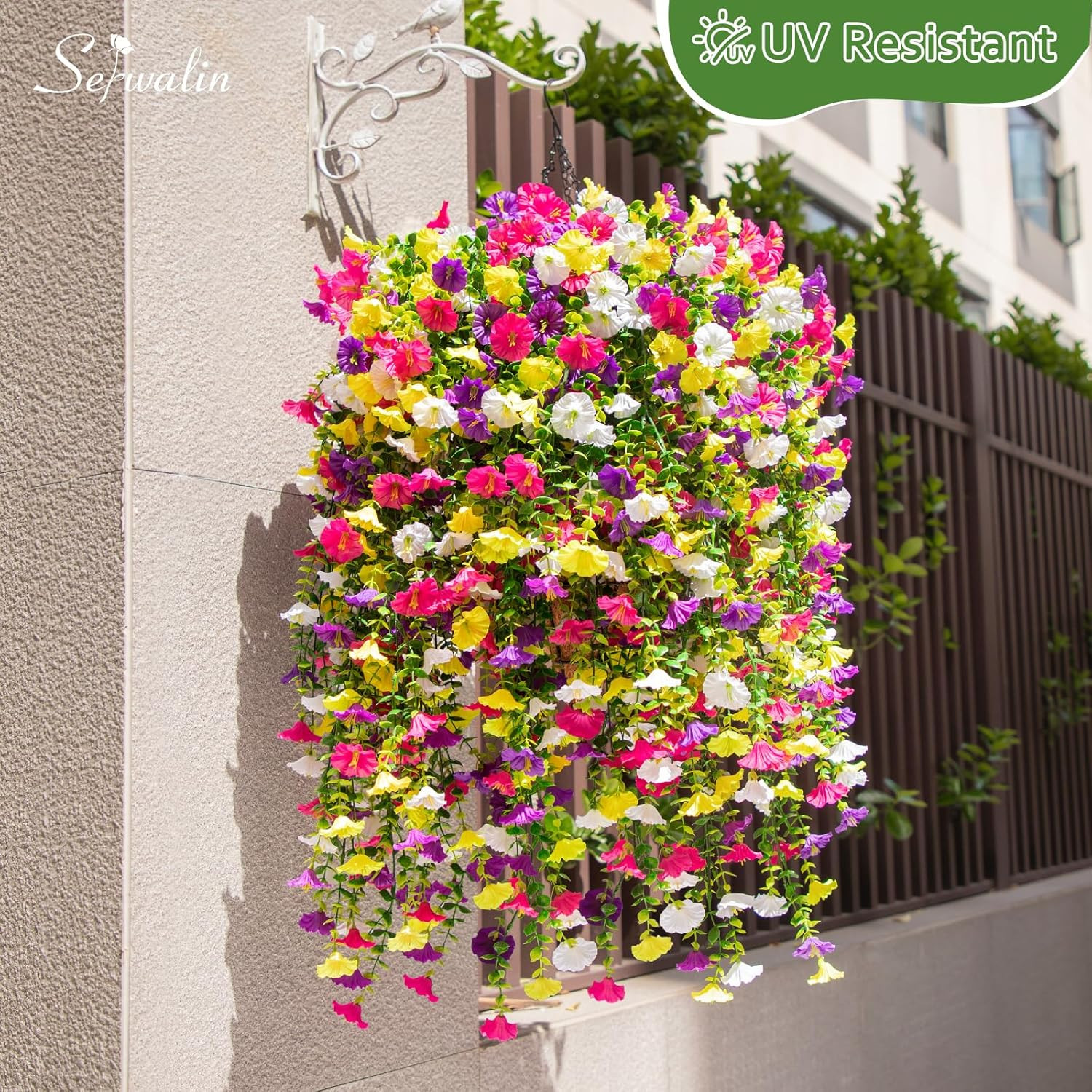 Artificial Hanging Flowers for Outdoors UV Resistant, 4PCS Faux Morning Glory Fa