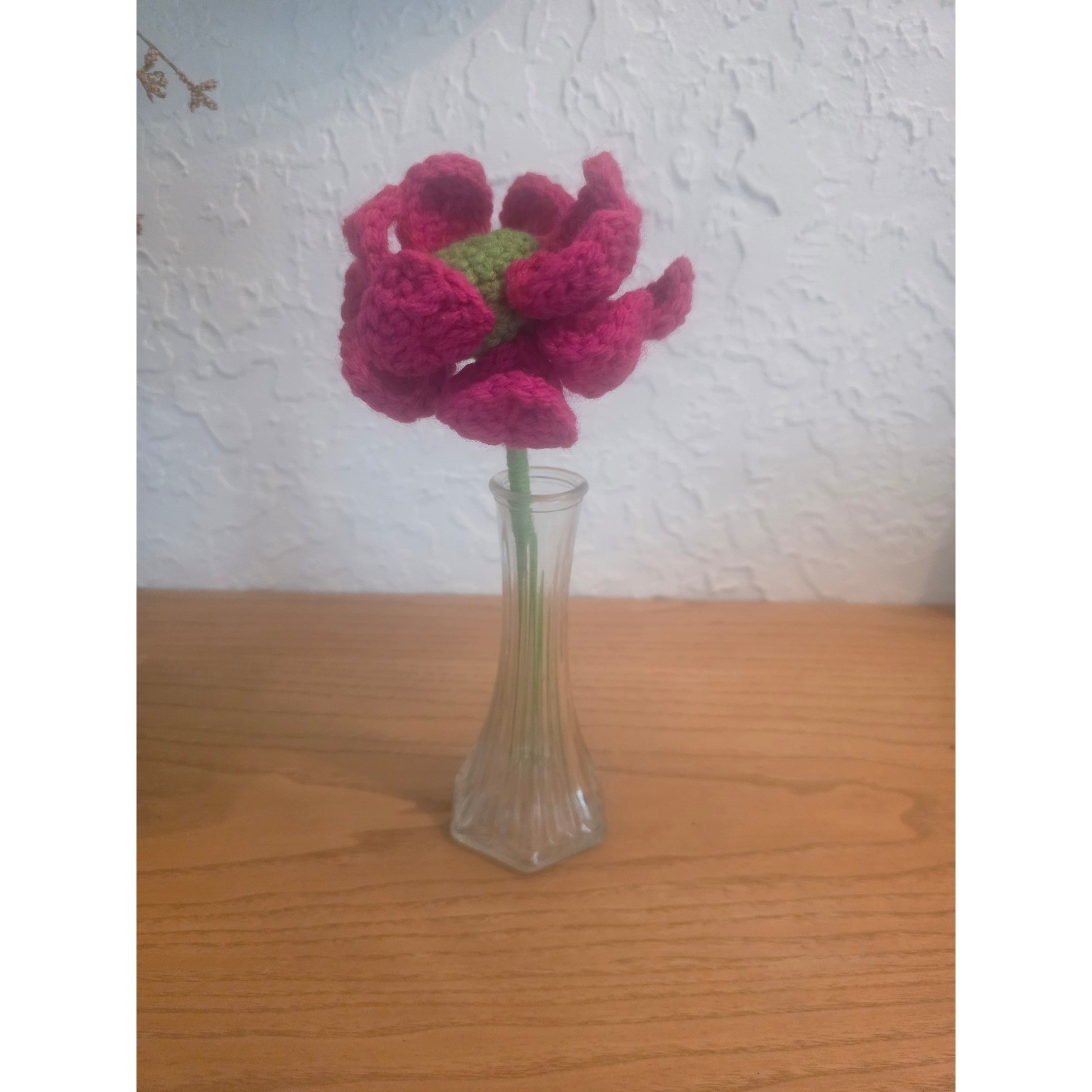 Handmade Crochet Flower Fuchsia Pink Green Stem Amigurumi Decor 10 Inch
