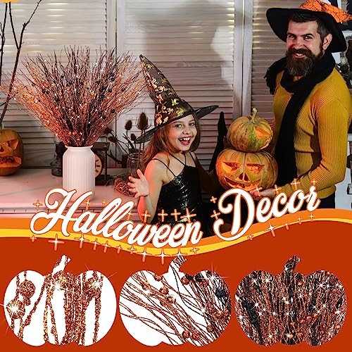 16 Pack Artificial Glitter Berry Stem, 17 Inches Fall and Black, Orange