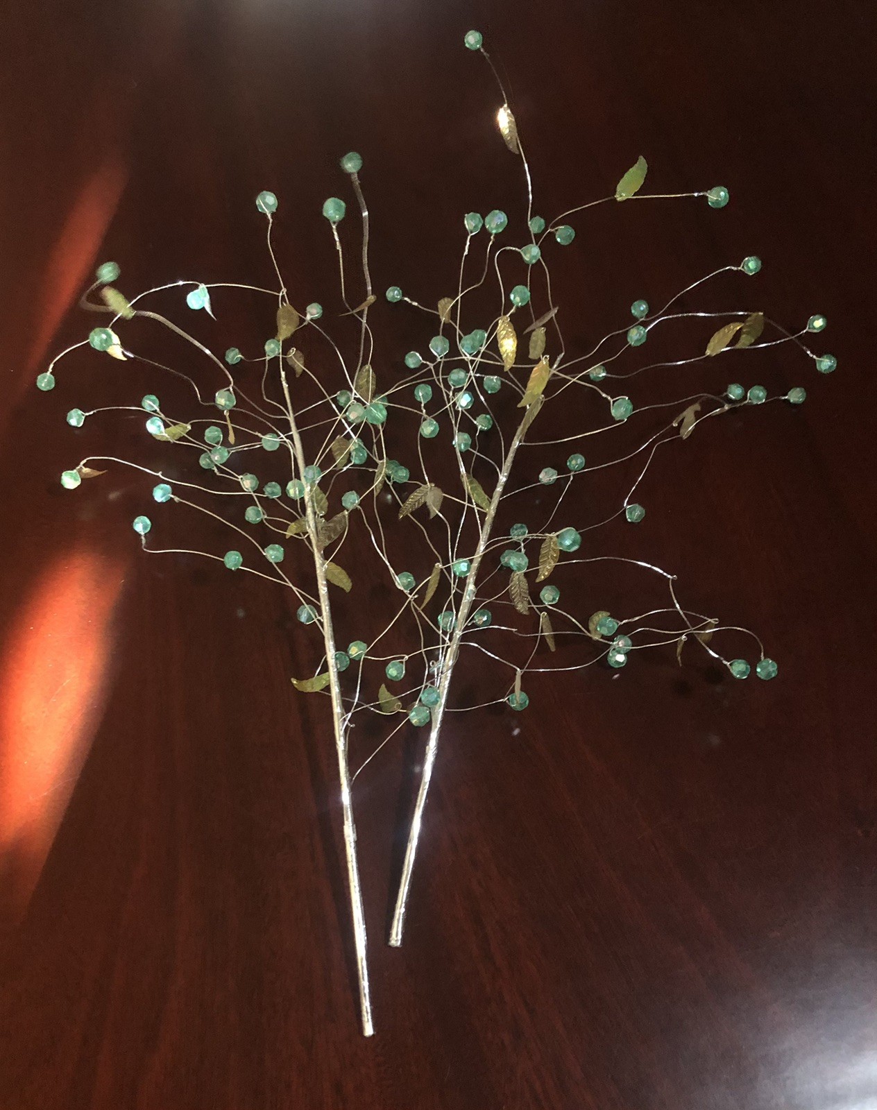 Set of 2 UNIQUE AQUA BEADED IRIDESCENT LEAVES WIRED SPRAY STEM VASE DECORATION