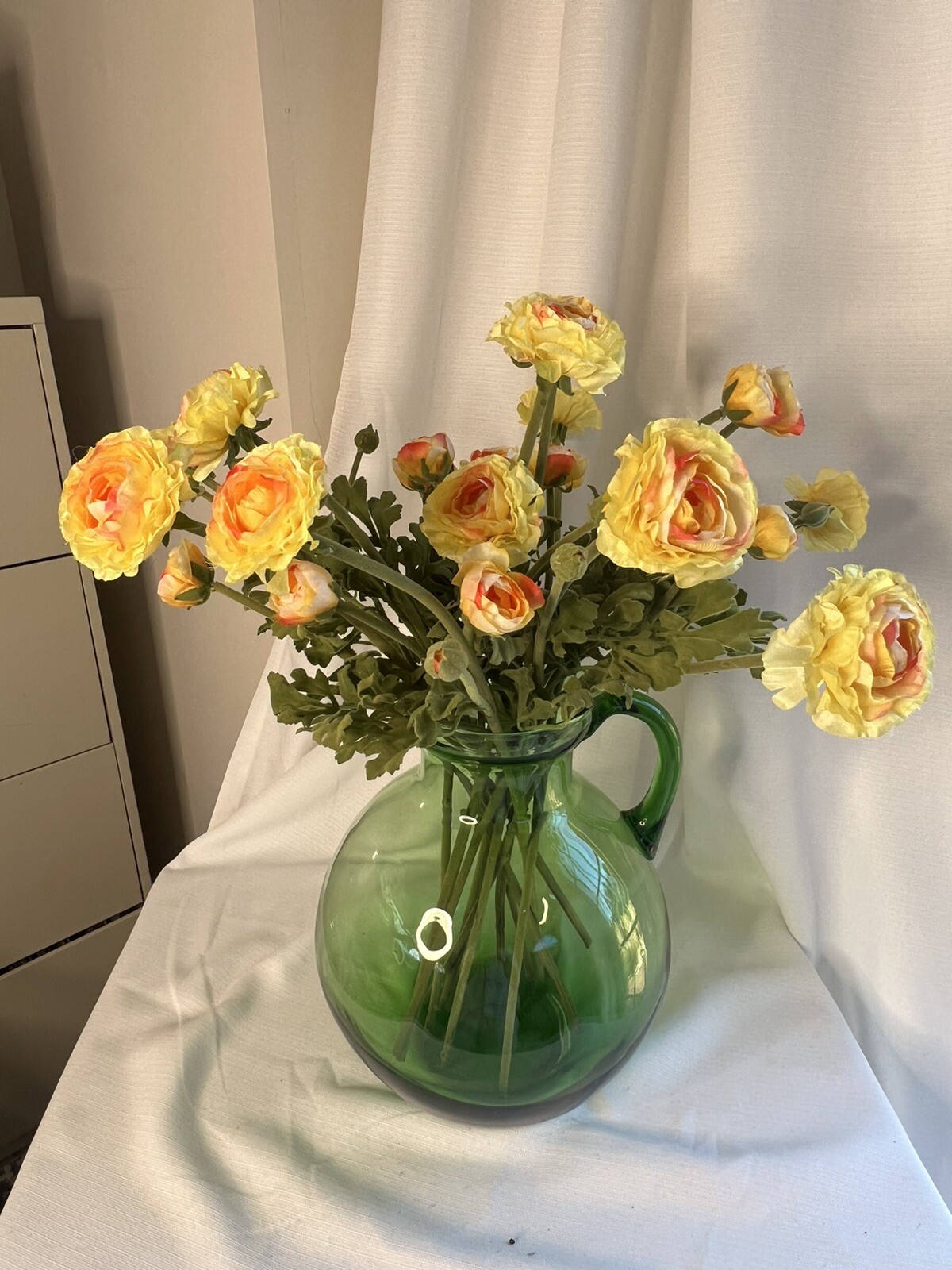 Large Custom Floral Arrangement Realistic Yellow Ranunculus In Green Glass Jug