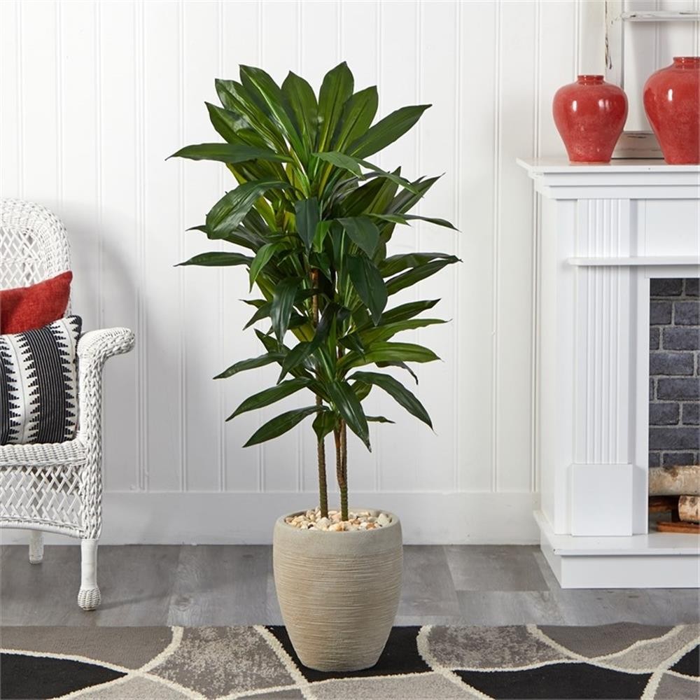 Pemberly Row 48″ Dracaena Artificial Plant in Sand Colored Planter Real Touch
