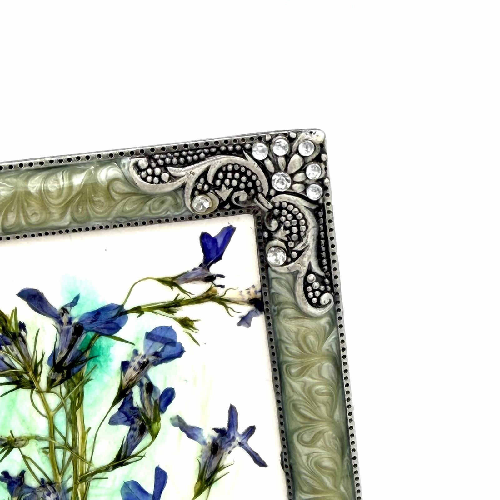 Botanical Art Pressed Blue Flowers In Ornate Metal Frame 6.75 X 4.5 Inch Signed